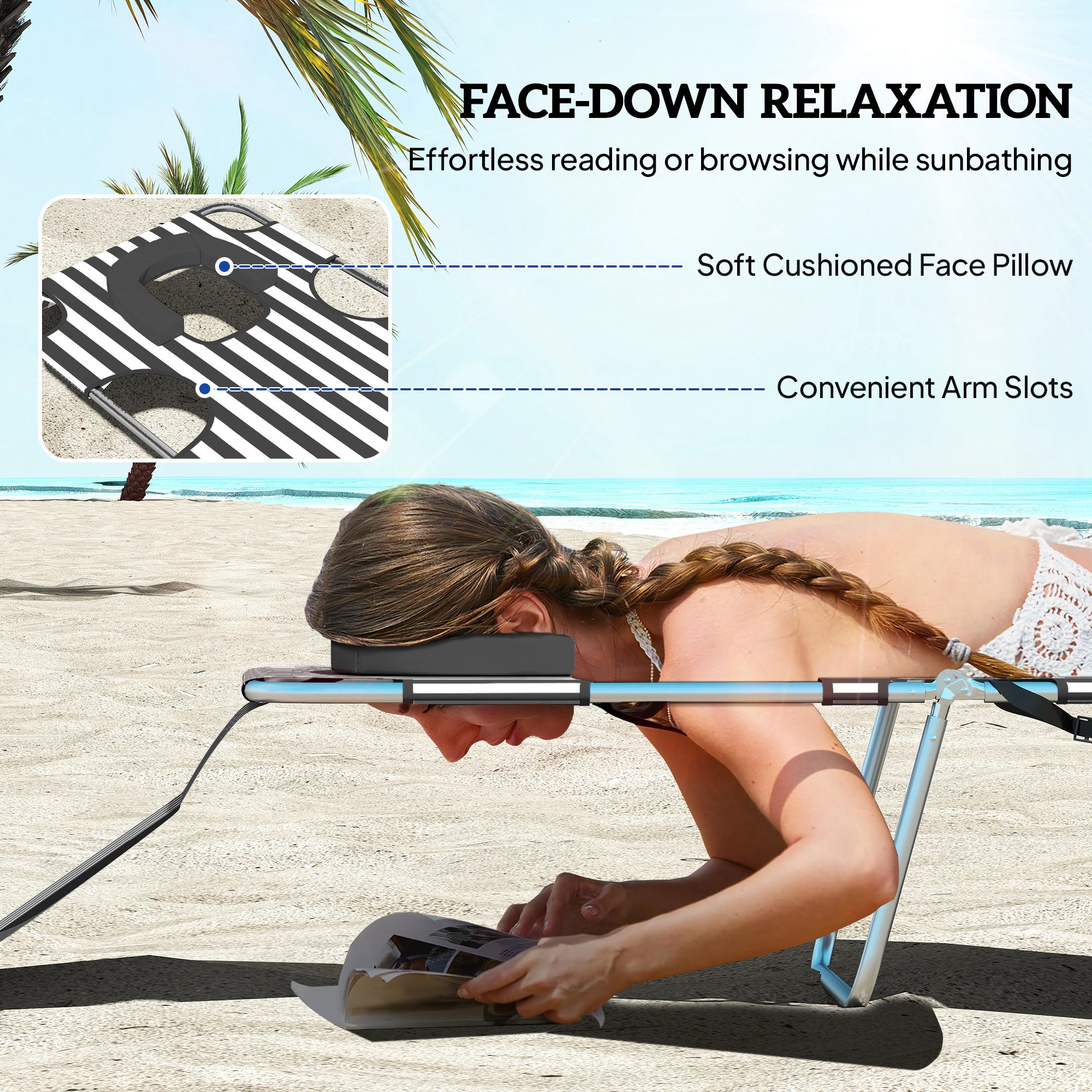 Tanning Chair with Face Hole, 5-Level Adjustable Outdoor Chaise Lounge Chair with Pillow for Beach, Pool, Black Stripe