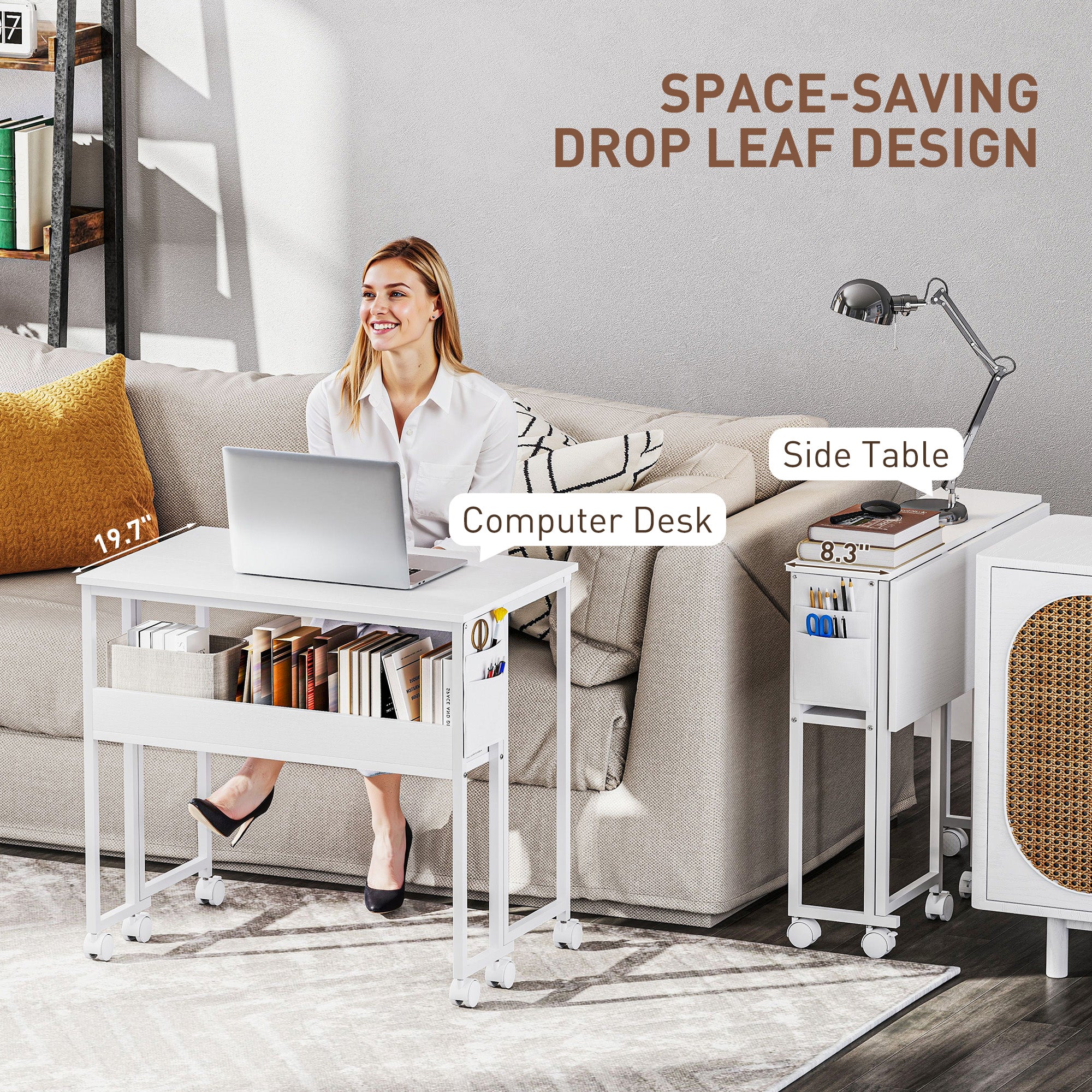 Folding Computer Desk, Foldable Desk with Storage Bag, Shelf and Wheels for Small Spaces, Home Office, White