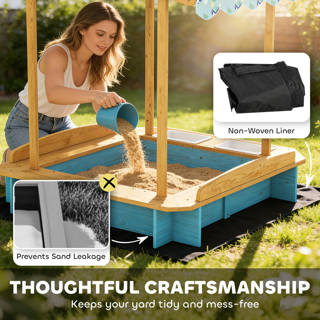 Wooden Sandbox with Dinosaur Print Canopy Kids Sandbox Outdoor with Bench Seats & 2 Storage Bins