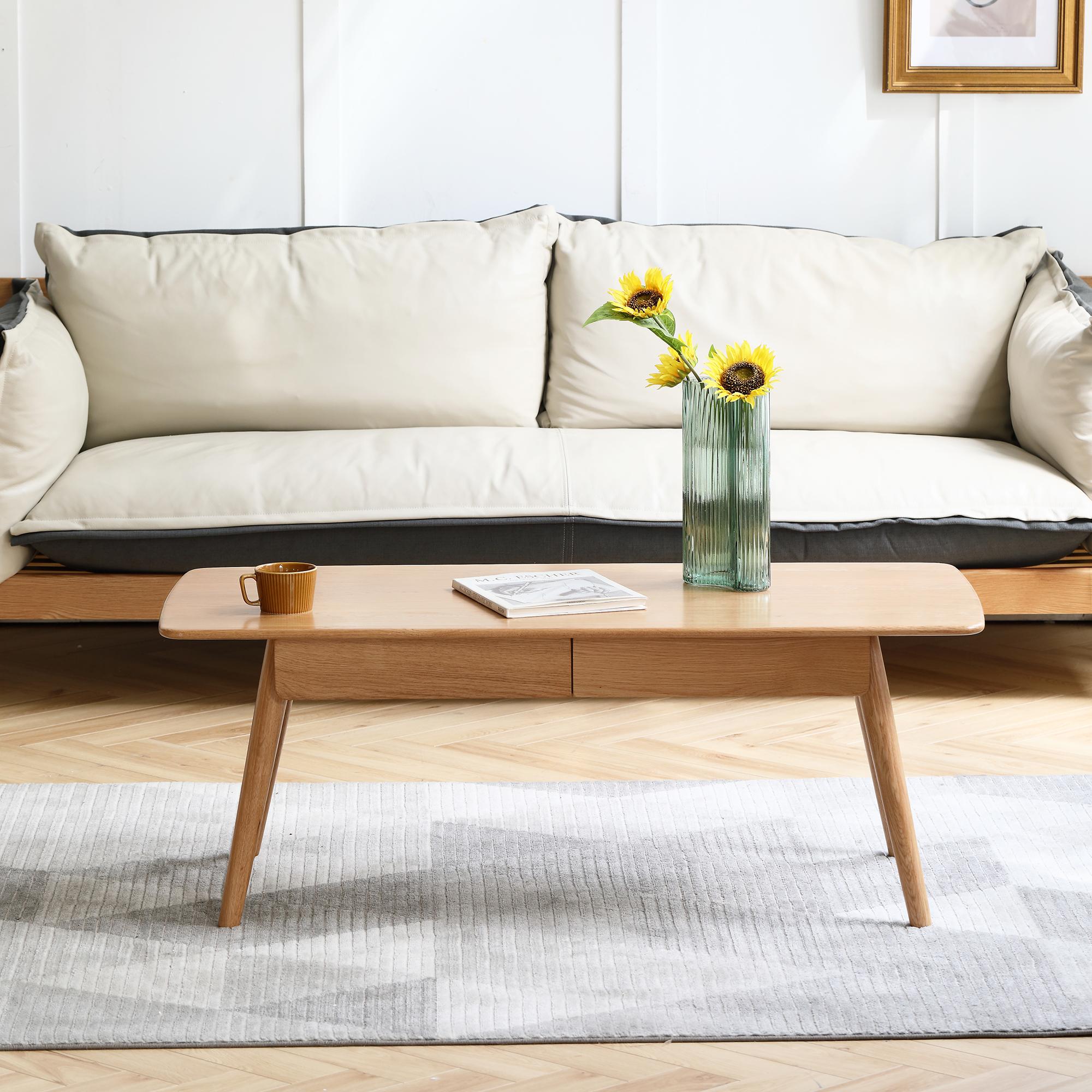 Modern Coffee Table with Mortise-and-Tenon Construction, Sturdy Center Table with Handy Lower Shelf, 39.5″ L x 19.5″ W x 17.5″ H, Oak