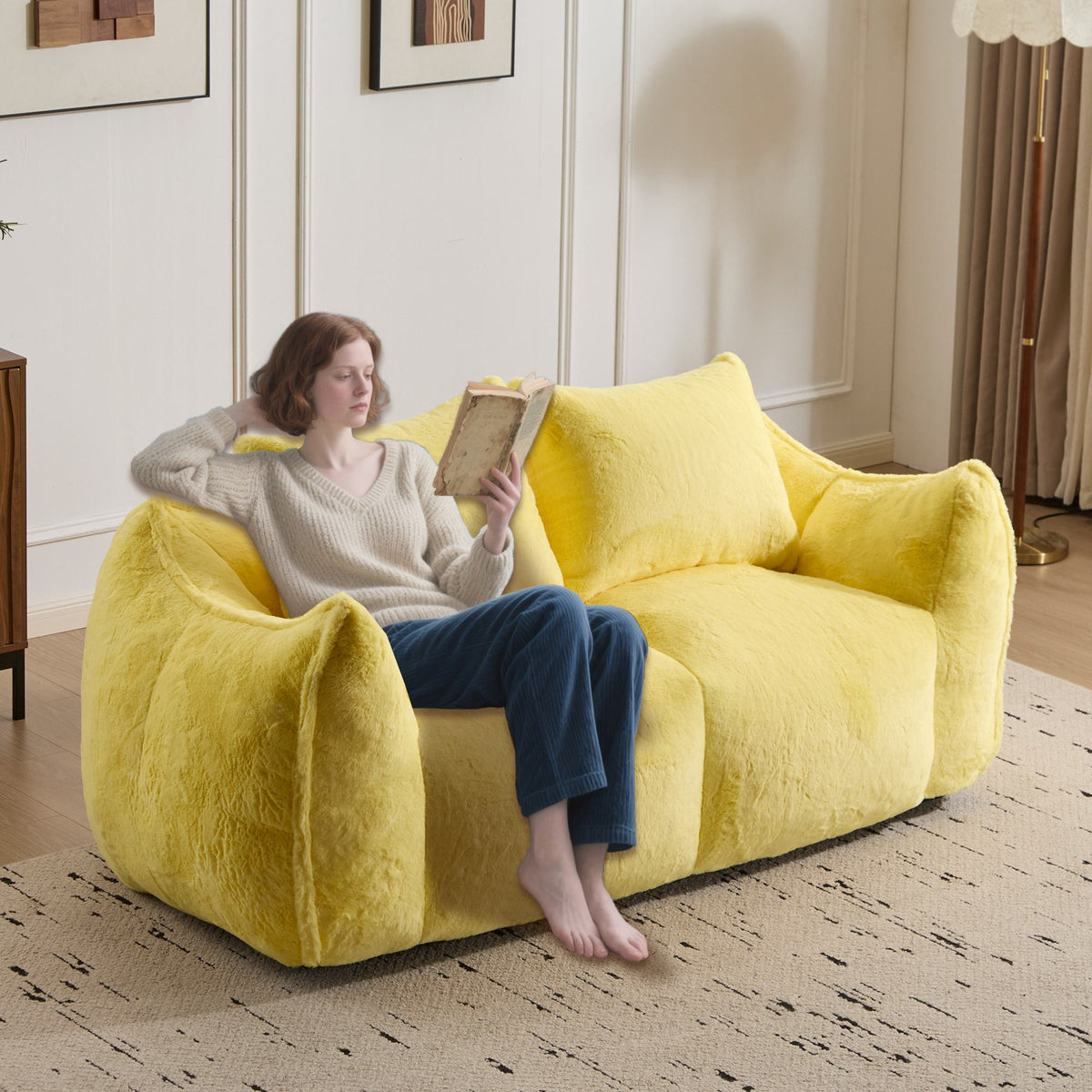 Bean Bag Sofa with High-Density Foam and Faux Fur Fabric, Compressed Sofa Oversized Fluffy Loveseat for Adults, 75" L x 42.5" W x 28.5" H, Yellow
