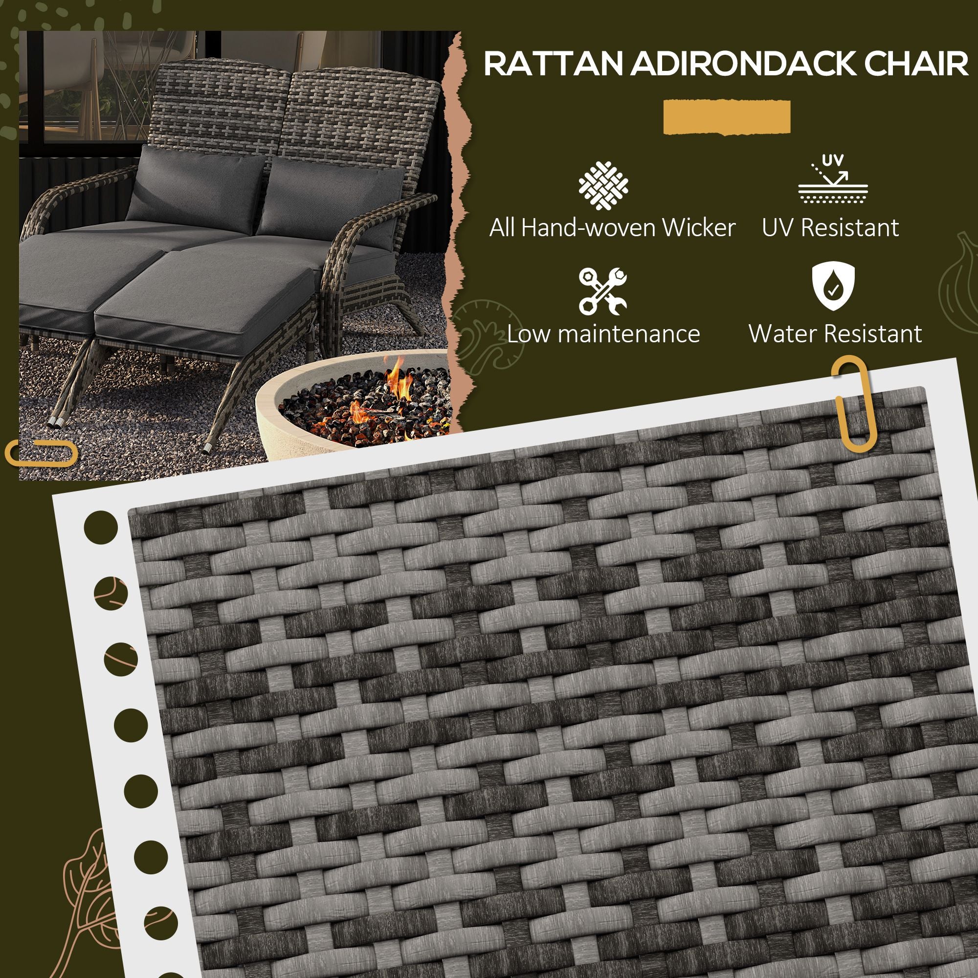 Wicker Adirondack Chair for 2 with Cushions & Footrests, PE Rattan Double Chaise Lounge Chair, Fire Pit Chair for Porch with High-back, Wide Armrests, Mixed Gray