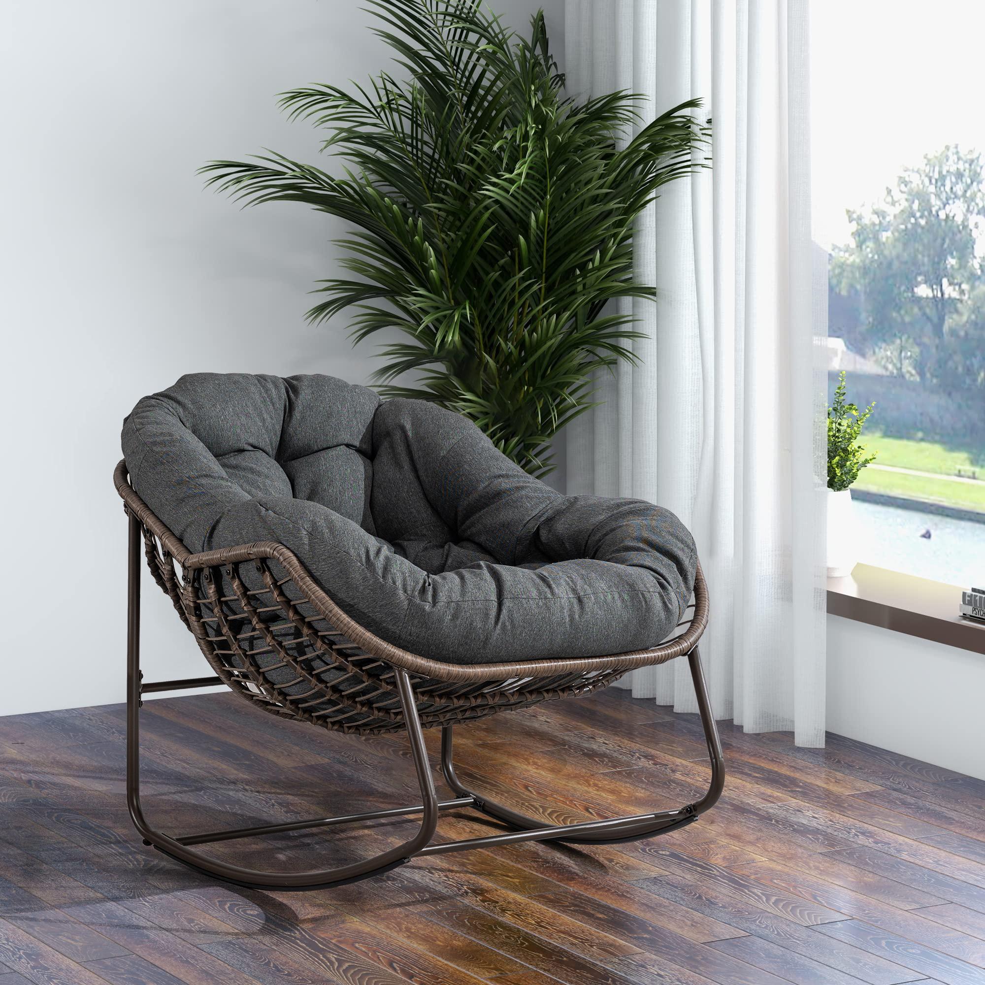 Outdoor Rattan Rocking Chair with Padded Cushion, Hand-Woven Recliner, Ergonomic Design, Steel Frame, 44" L x 37" W x 31.5" H, Gray