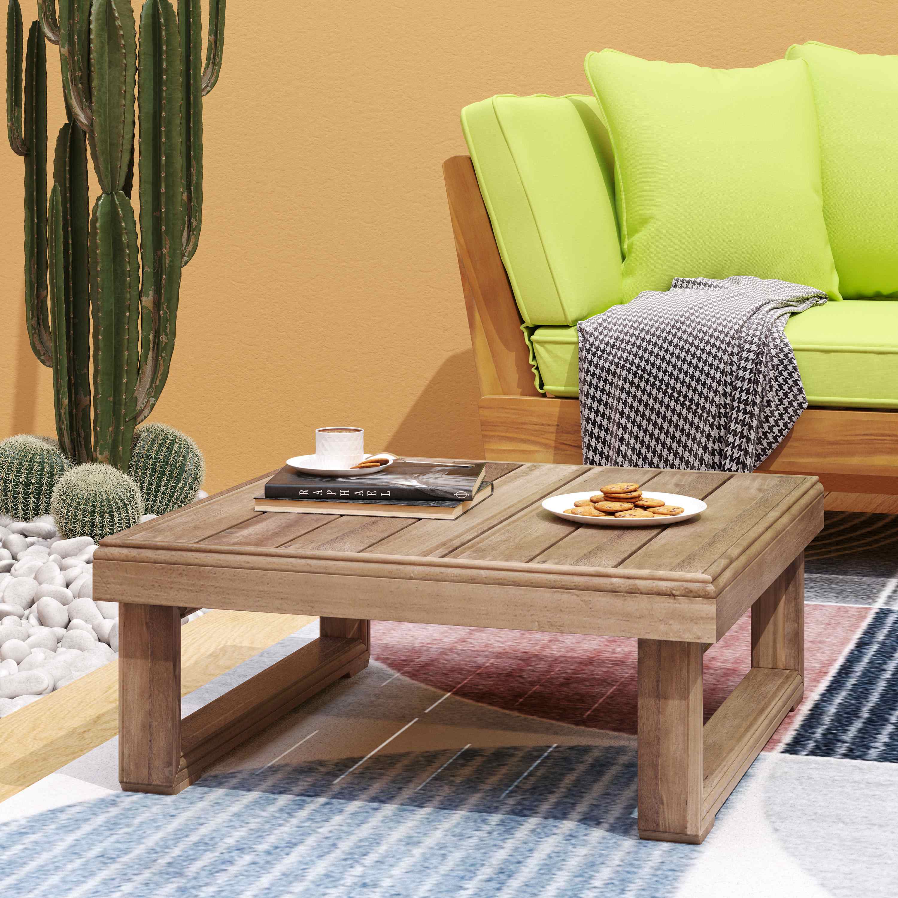 Rustic Acacia Wood Coffee Table with Slat Design and Sled Legs, Outdoor Patio Furniture, 27.5" L x 27.5" W x 11.5" H Brown