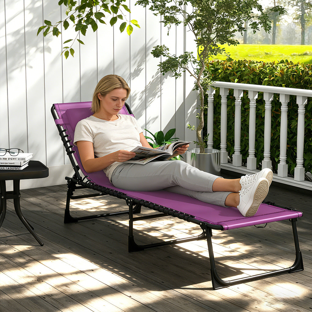 Folding Chaise Lounge Pool Chair with 4-Position Reclining Back, Pillow, Breathable Mesh & Bungee Seat, Purple