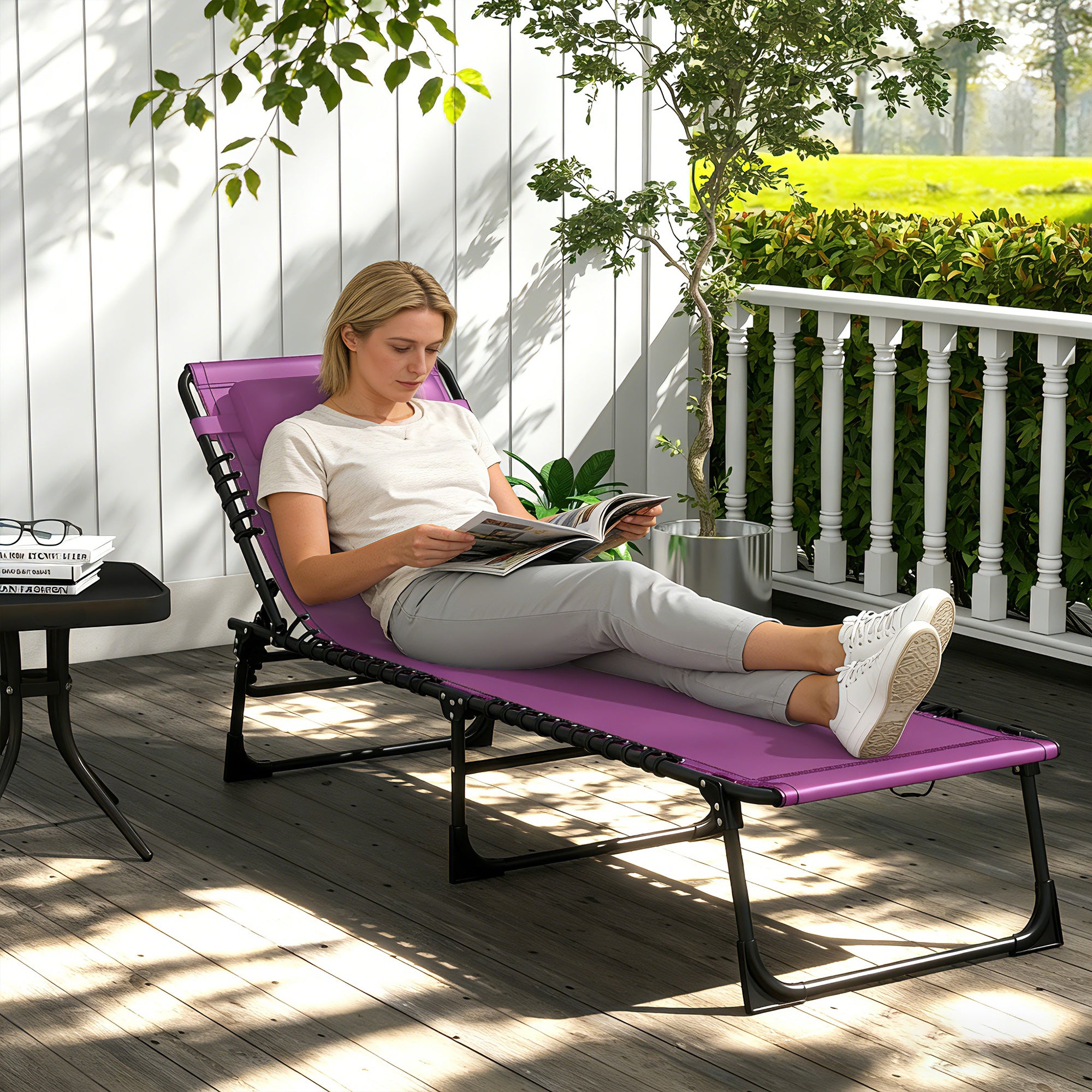 Folding Chaise Lounge Pool Chair with 4-Position Reclining Back, Pillow, Breathable Mesh & Bungee Seat, Purple