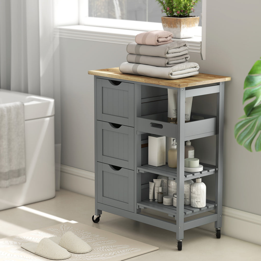 Rolling Kitchen Cart, Kitchen Island with Wood Top, Shelves & Drawers for Dining Area, Gray