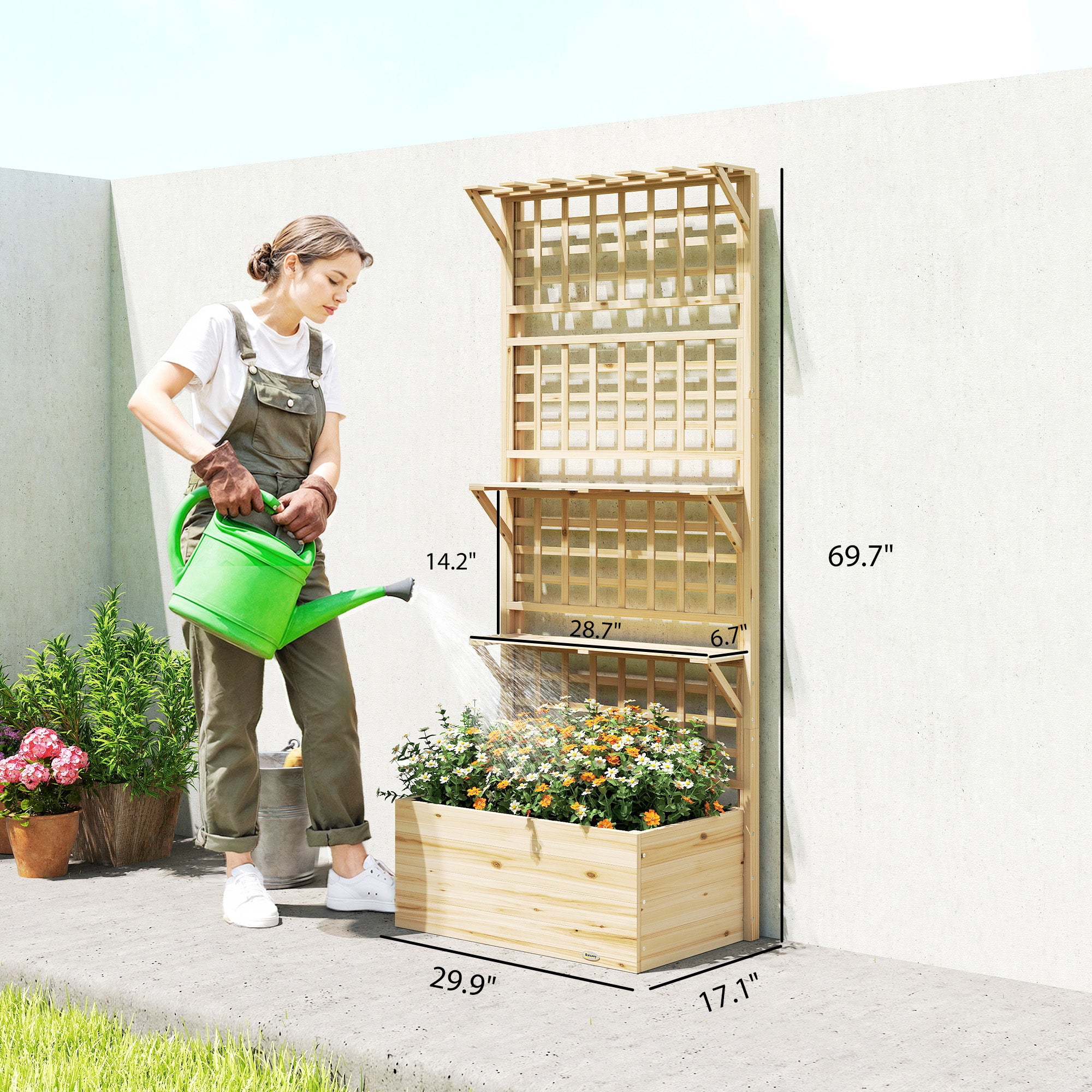 Wooden Raised Garden Bed with Trellis and Roof, Elevated Planter Box with 2 Shelves, Drainage Hole and Liner, Natural