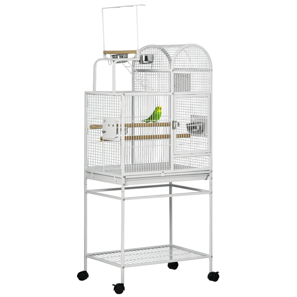 55" Large Parrot Cage with Toy Hooks Above Top Bird Perch, Tray, Food Cups, Rolling Stand, Bird Cage for Cockatiels, Parakeets, Lovebirds