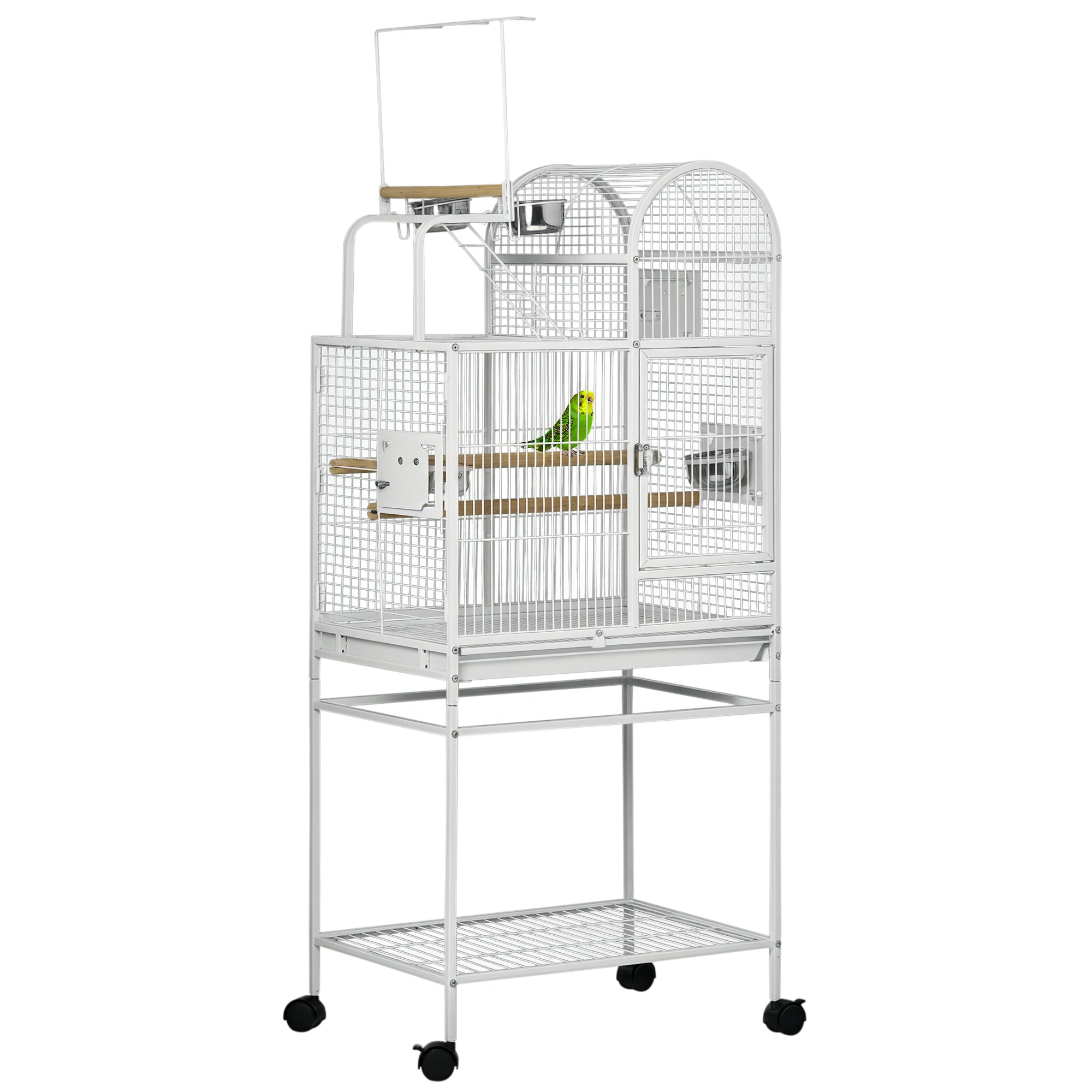 55" Large Parrot Cage with Toy Hooks Above Top Bird Perch, Tray, Food Cups, Rolling Stand, Bird Cage for Cockatiels, Parakeets, Lovebirds
