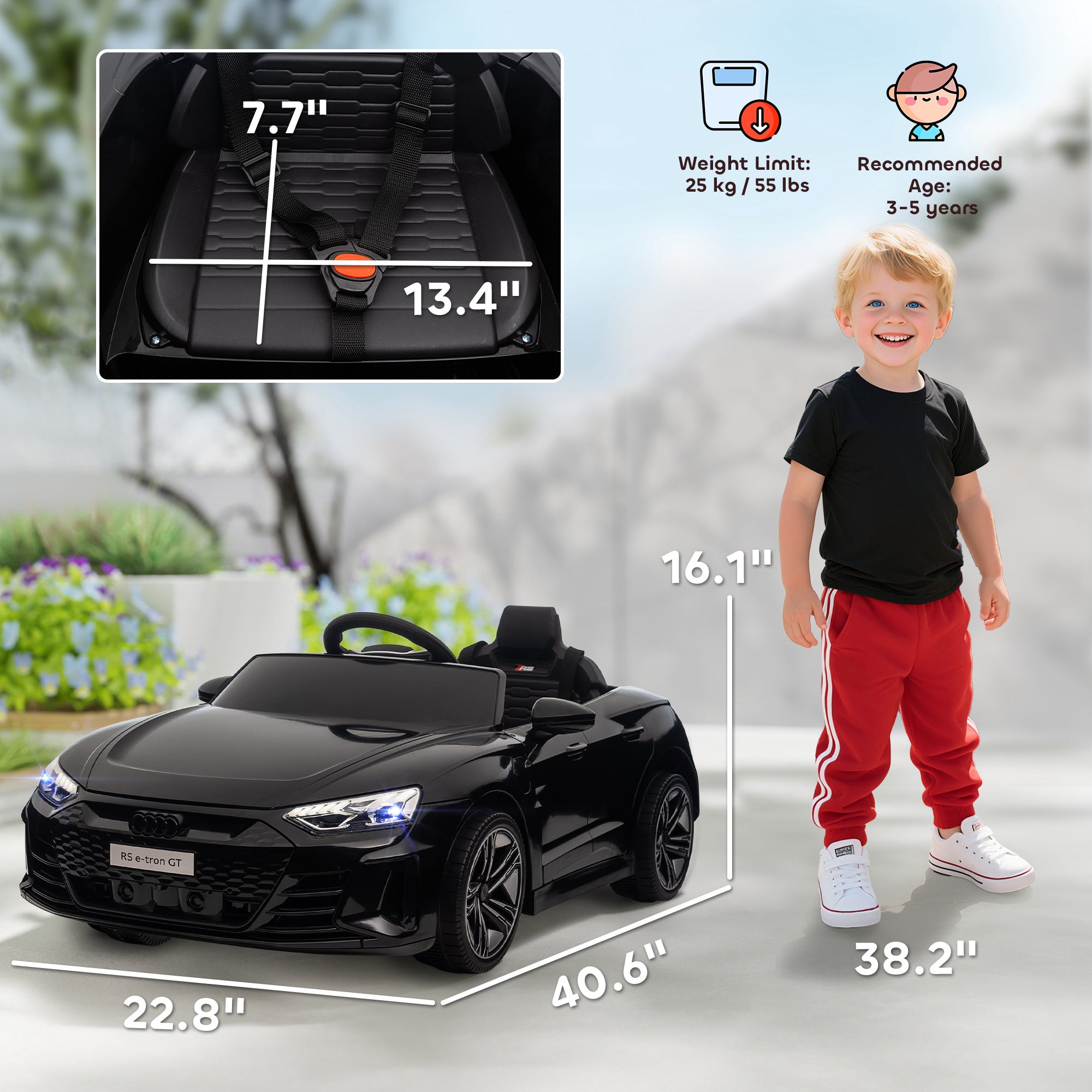 Licensed RS e-tron GT 12V Ride On Car Truck for Kids, Electric Car Ride On Vehicle w/Parent Remote Control, Music, Lights, for Toddlers, Black