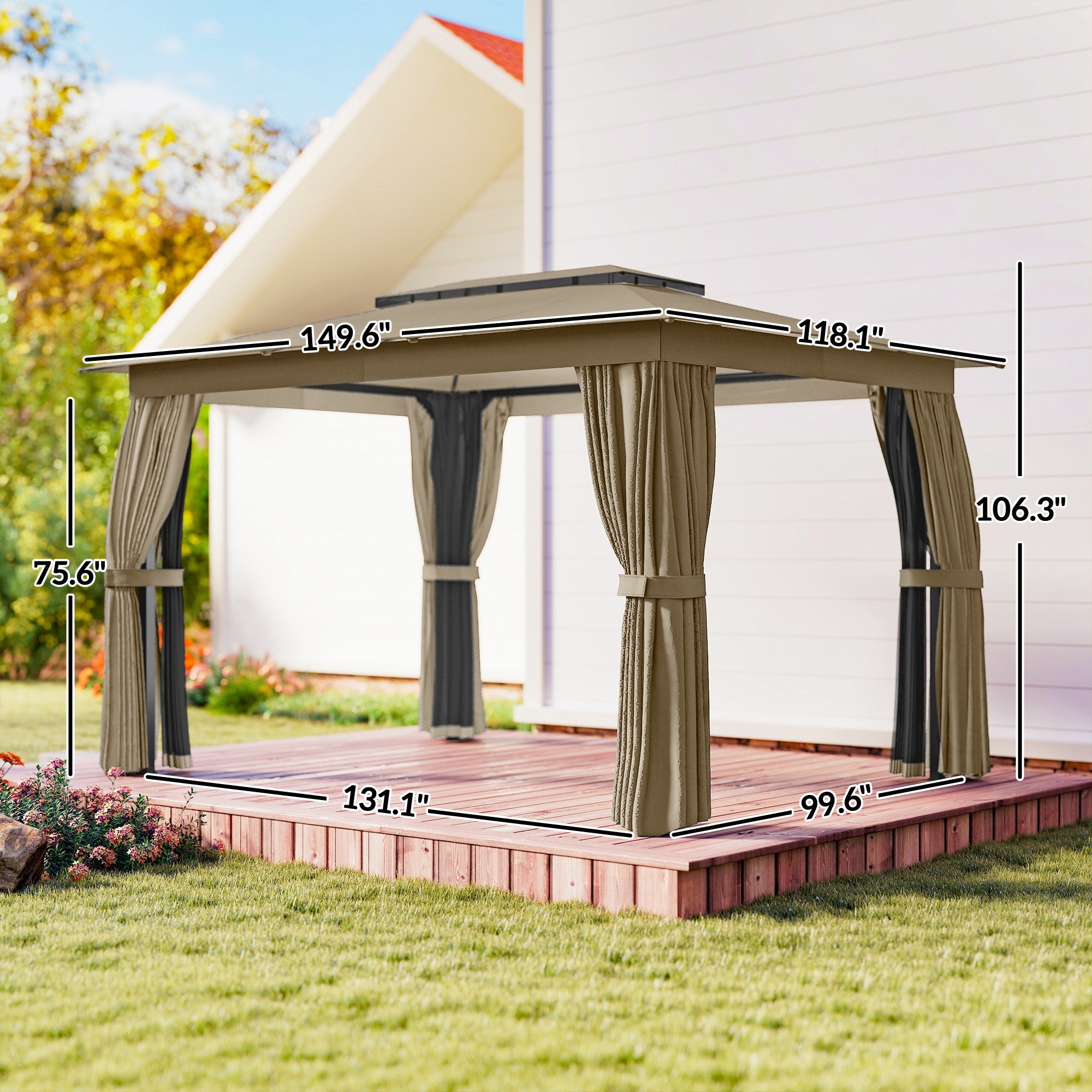 10' x 12' Outdoor Patio Gazebo, Soft Top Gazebo Canopy Shelter with Curtains, Netting, Steel Frame, Hooks, Khaki