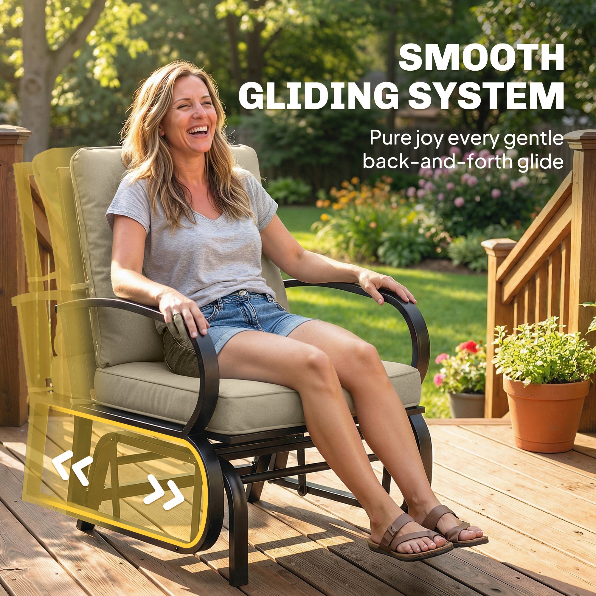 Patio Glider, Outdoor Glider Chair with Cushions, Steel Frame, Curved Armrests, Beige