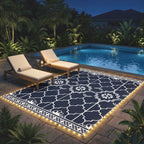 Reversible Outdoor Rug Carpet with LED Lights, 12' x 9' PP Straw Rug with Carry Bag and Ground Stakes