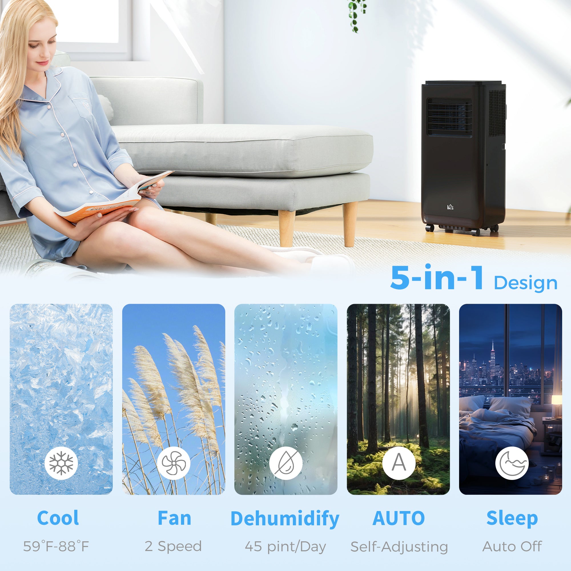 8,000 BTU Moible Air Conditioner 345 Sq. Ft., Dehumidifier Fan Auto Sleep with 24H Timer On/Off, Window Kit, Black
