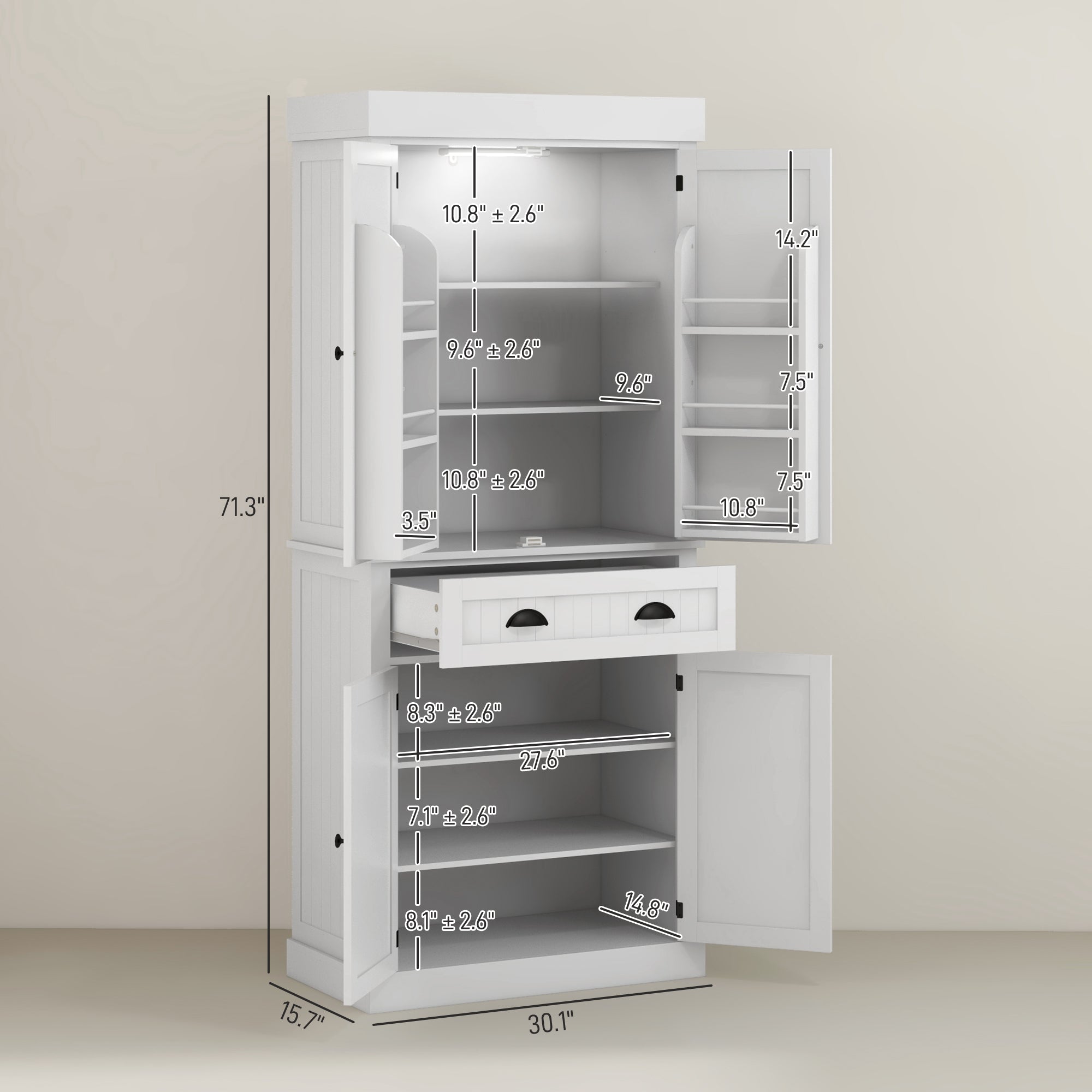 71" Kitchen Pantry Cabinet with LED Lights, 6 Door Shelves, a Drawer and 4 Adjustable Shelves, White