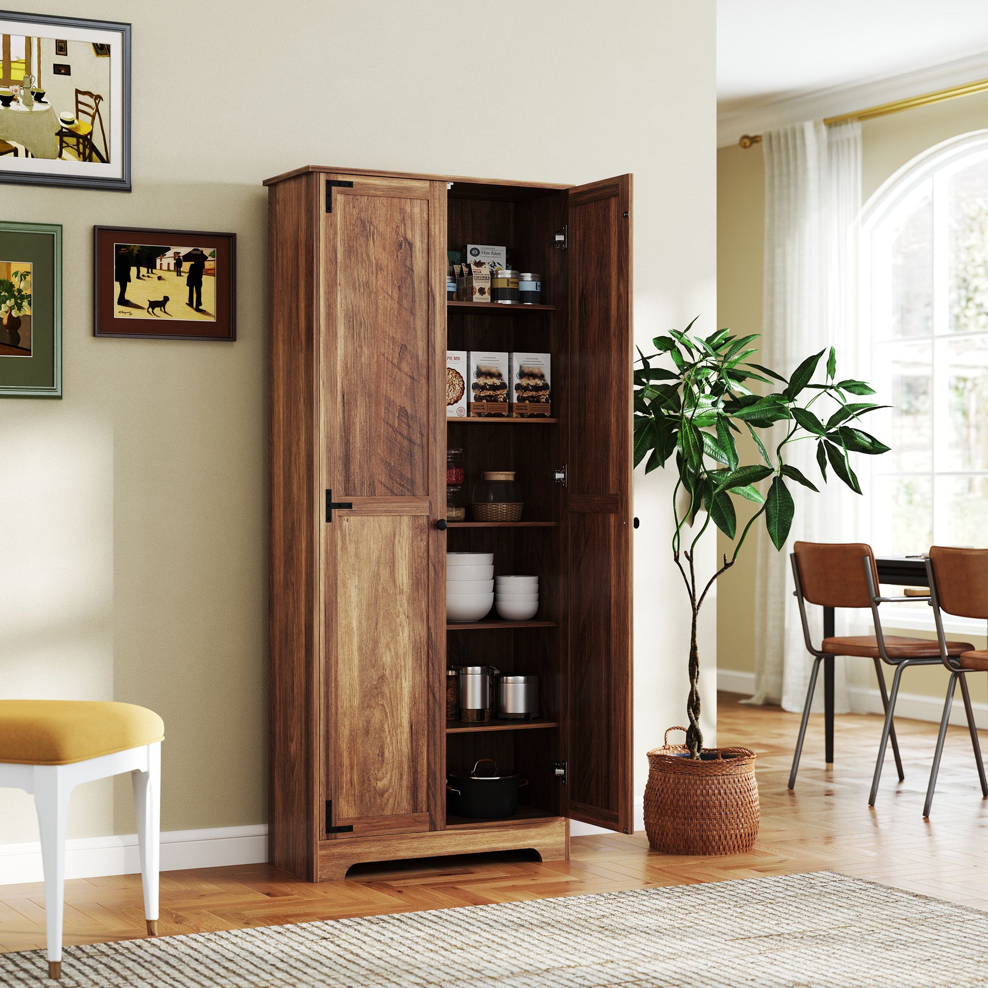 72" Farmhouse Pantry Cabinet, Freestanding Food Pantry Cabinet with Adjustable Shelves, Brown