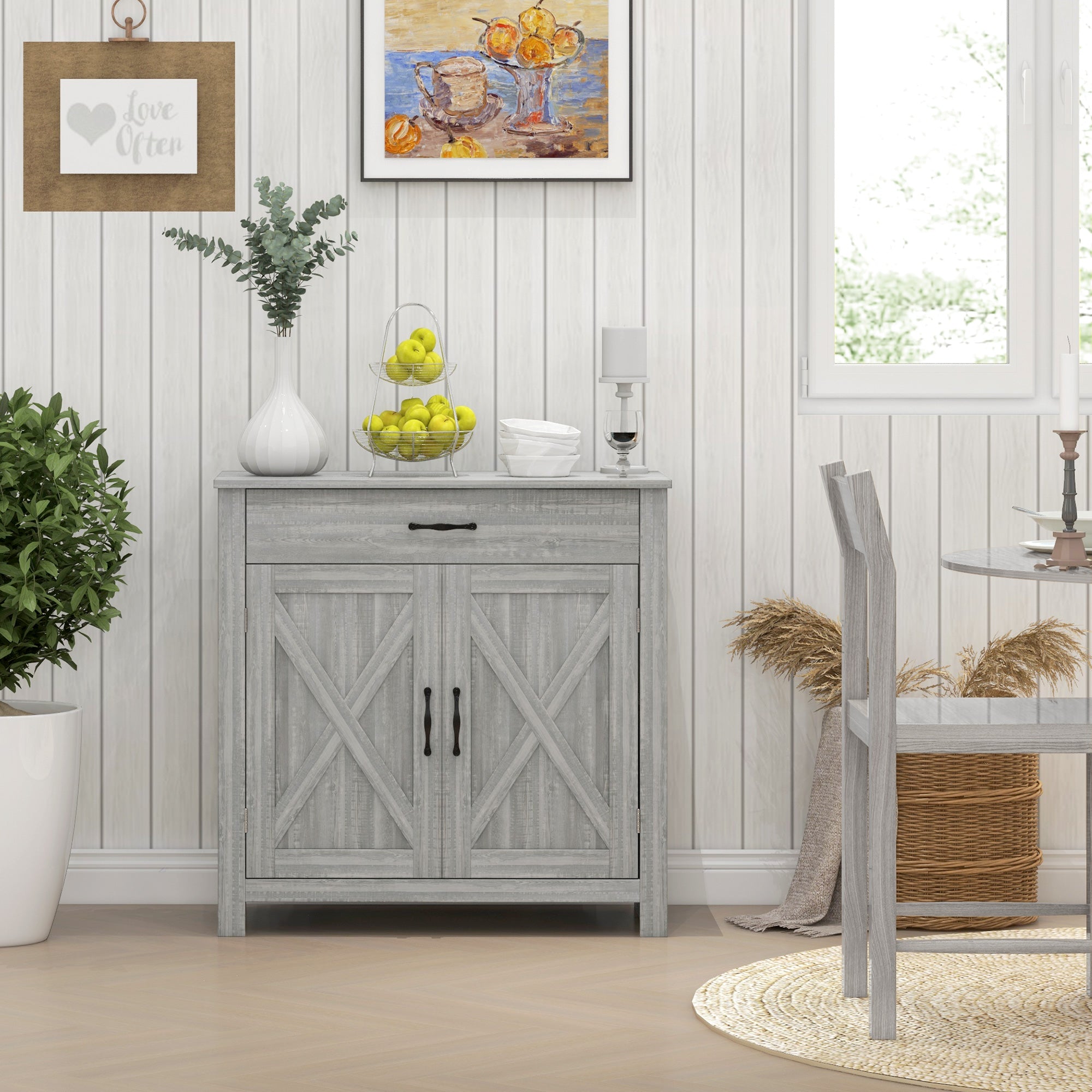 Farmhouse Sideboard Cabinet with Barn Doors Kitchen Buffet Cabinet with Drawer and Adjustable Shelf Stone Gray