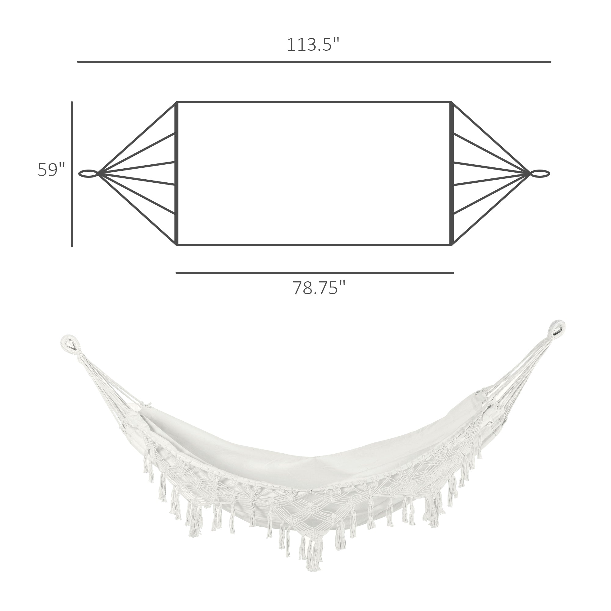 Extra Large Boho Hammock with Macrame Tassel Fringe, Includes Carrying Bag, Indoor Outdoor Tree Hammock, White