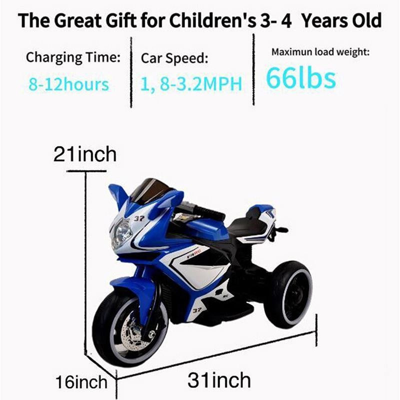 6V Kids Electric Ride-On Motorcycle with MP3, LED Headlight and Light-Up Wheels, Motorbike Ideal for Ages 3-4, 31" L x 16" W x 21" H, Blue