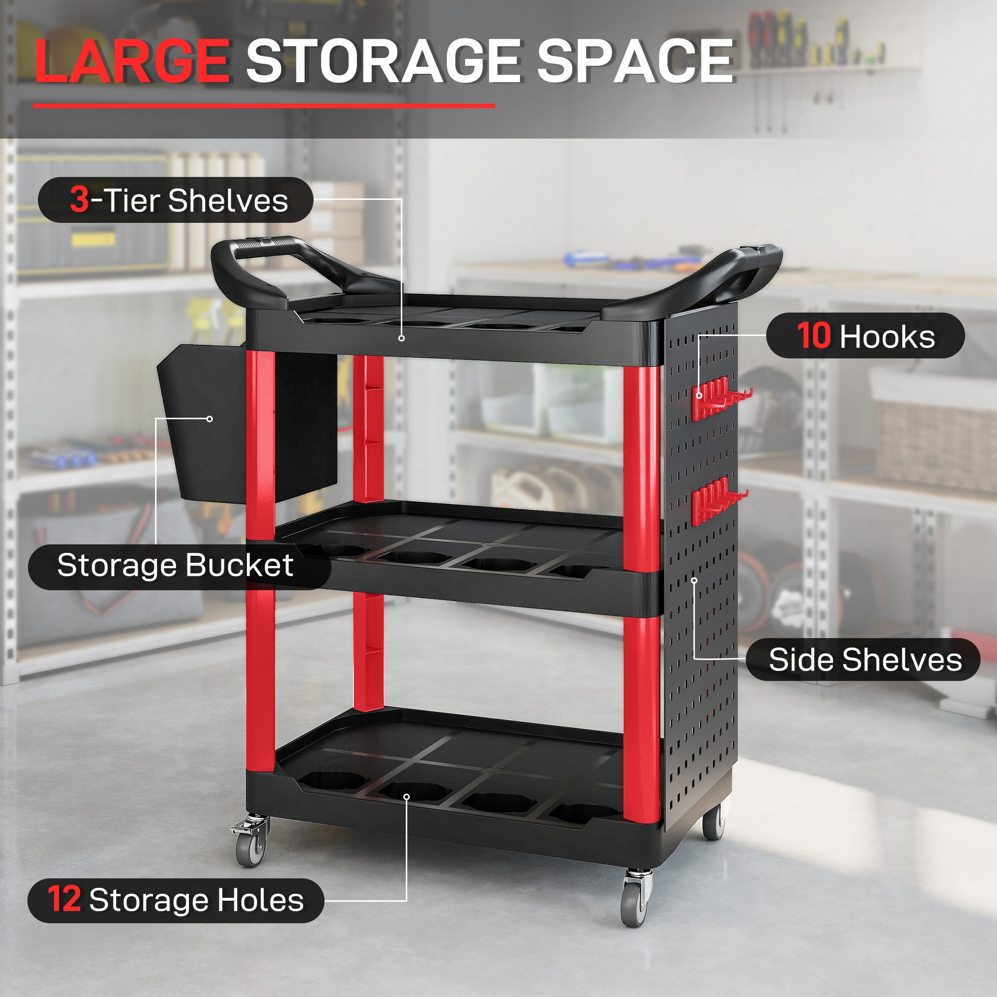 3-Tier Rolling Tool Cart, 200 LBS Capacity Plastic Utility Cart with Side Shelf and Storage Bucket, Black & Red