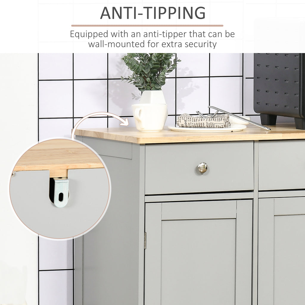 Kitchen Storage Cabinet, Sideboard Floor Cupboard with Solid Wood Top, Adjustable Shelf, and 3 Drawers, Gray