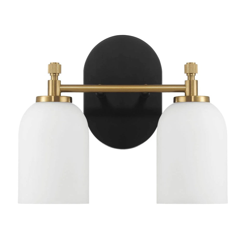 Vortex Two Lights Vanity Wall Sconce with White Frosted Glass, Traditional Style for Over Bathroom Mirror, 10.5" L x 5.5" W x 10" H, Gold+White