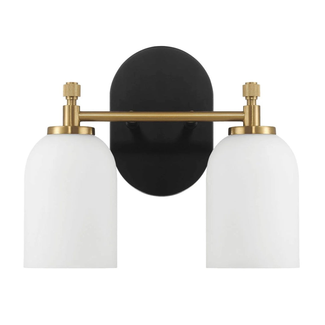 Vortex Two Lights Vanity Wall Sconce with White Frosted Glass, Traditional Style for Over Bathroom Mirror, 10.5" L x 5.5" W x 10" H, Gold+White