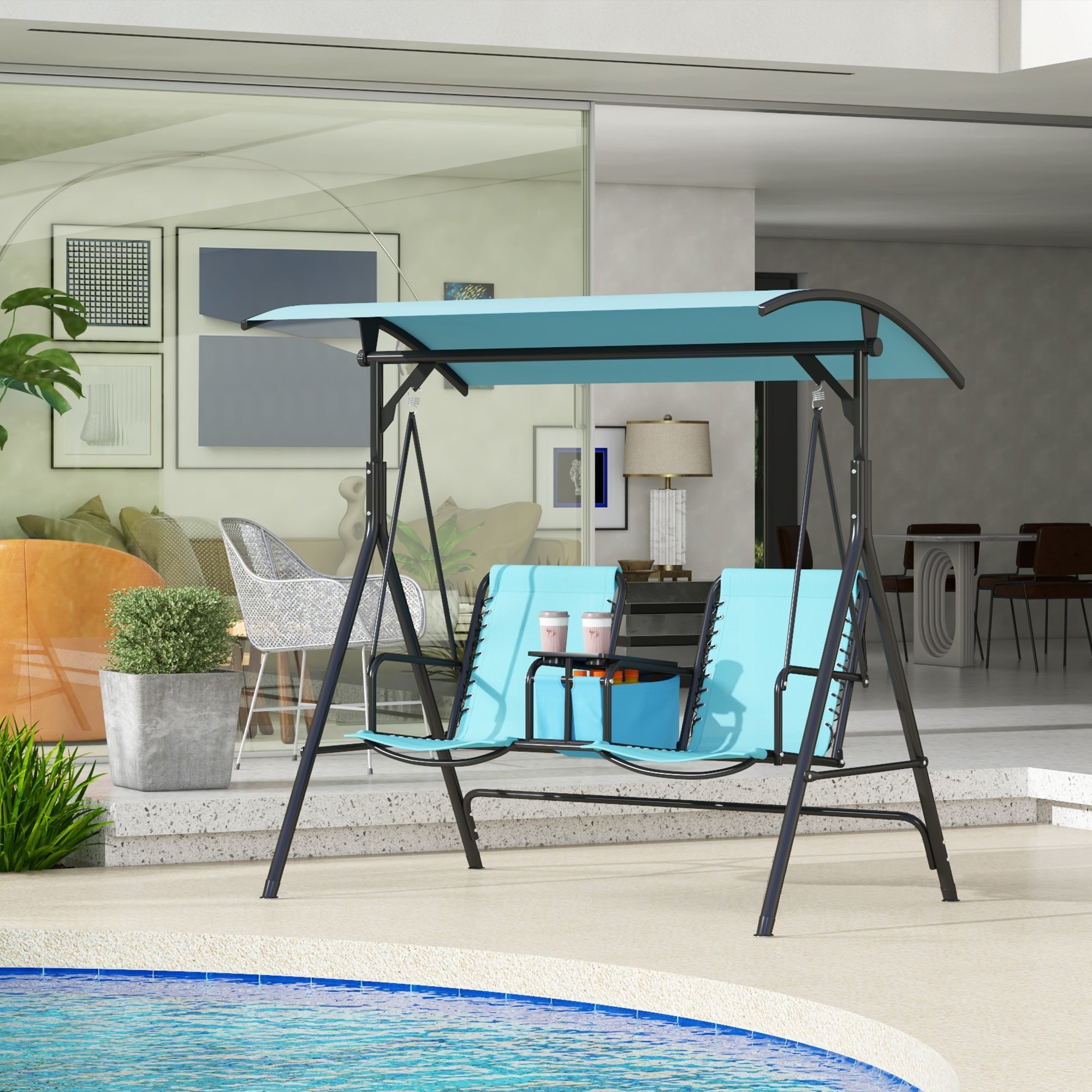 2 Person Porch Swing with Canopy, Storage Table, Cup Holder, Blue