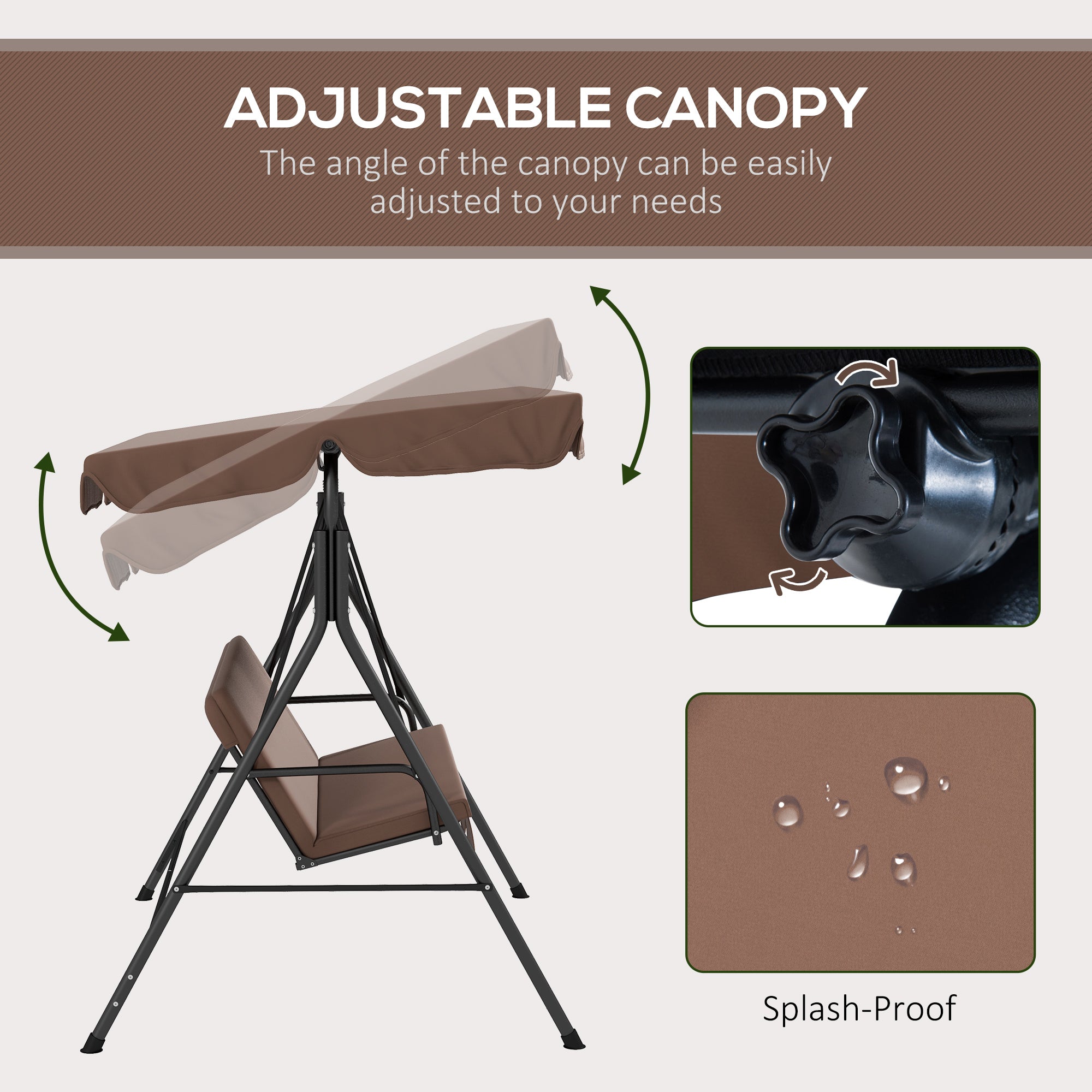 Large Family Swing Set, 3-Seat Adjustable Canopy Swing Bench with Cushion, Steel Frame Stand for Patio, Garden, Family Use, Brown
