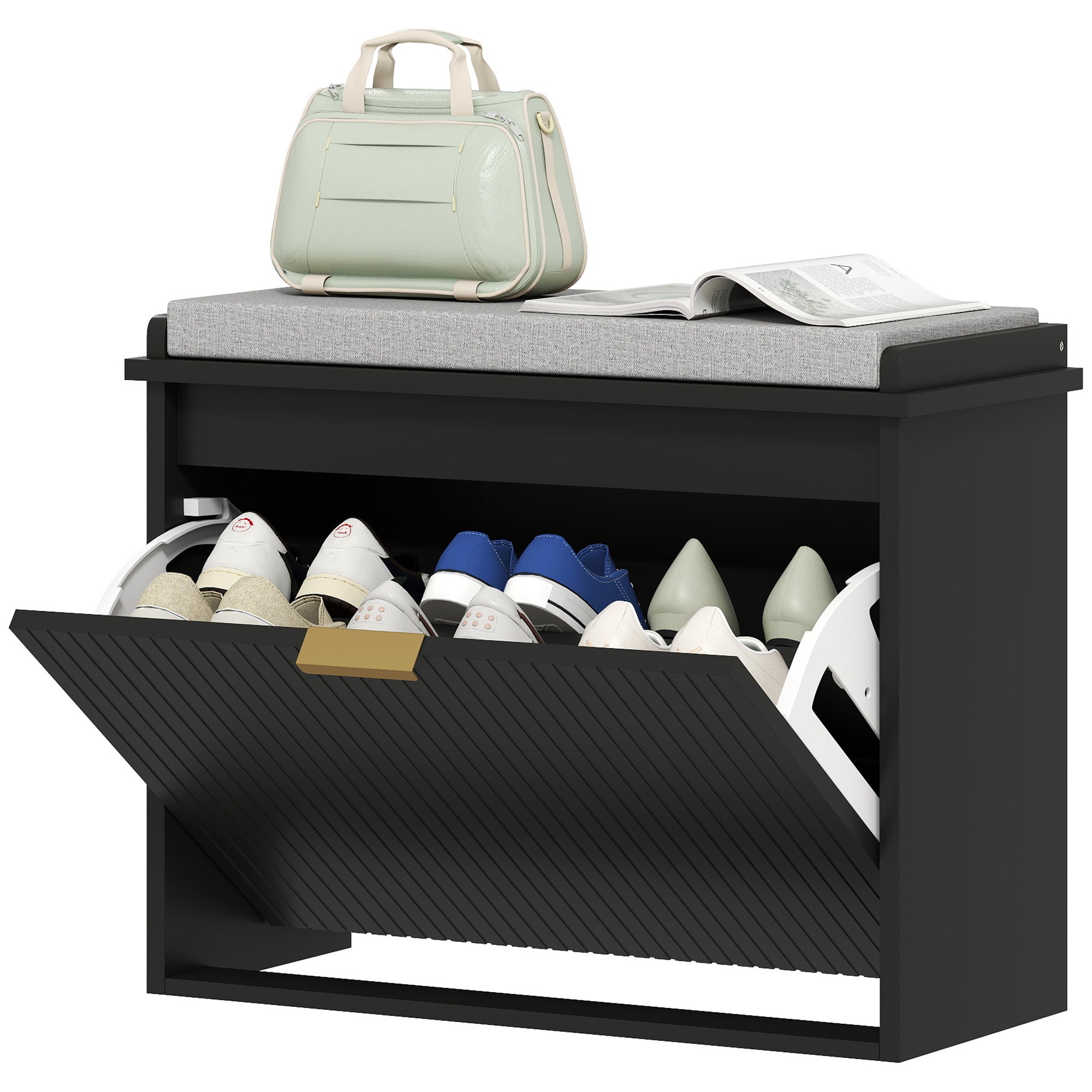 Shoe Storage Bench with Padded Seat Cushion and Flip-Drawer, Entryway Bench, Shoe Cabinet, 24.4x10.2x18.7 Inches, Black
