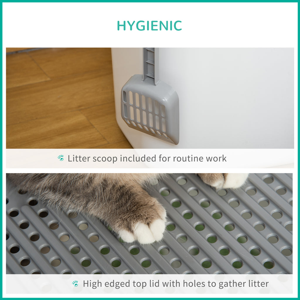 Covered Cat Litter Box, Easy Cleaning Kitty Litter Box with Front Entrance, Top Exit, Scoop, for Odor Control, White