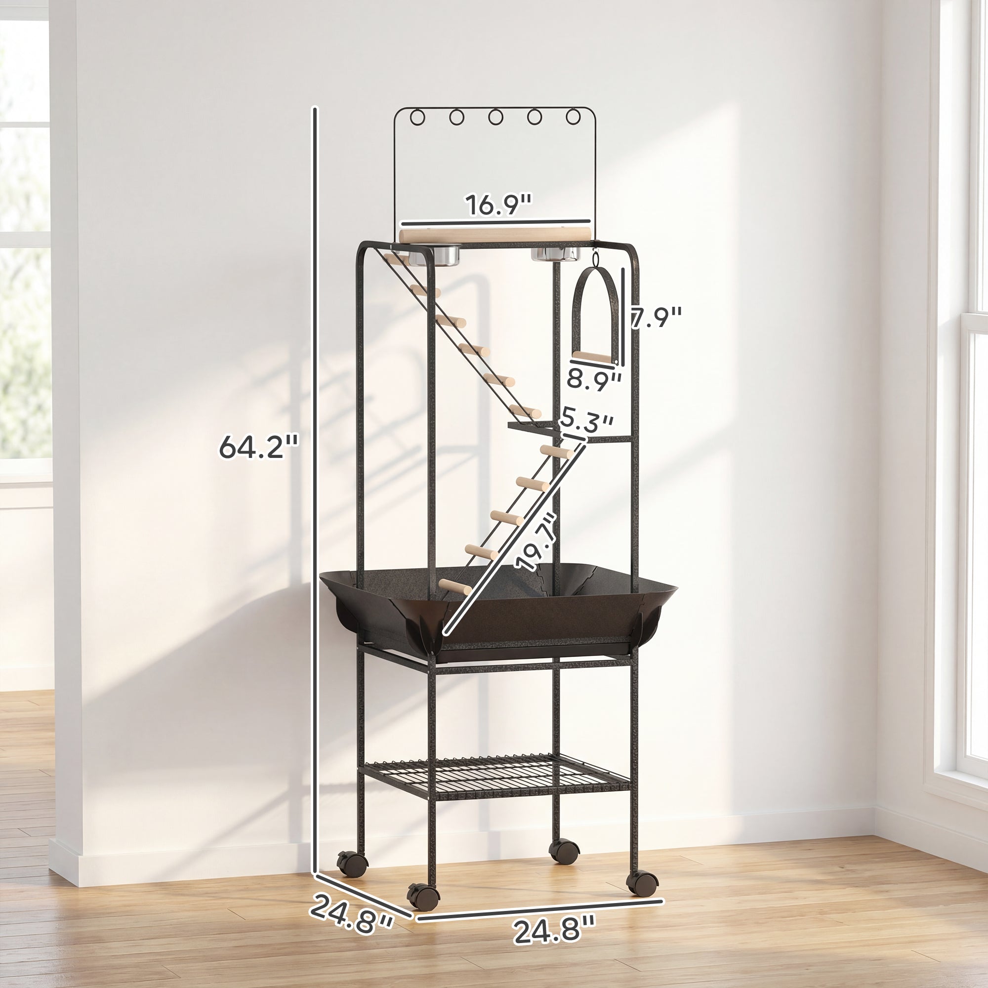 64"H Rolling Bird Playground Parrot Stand with Seed Guard & Wheels, Ladders, Swing, Toy Hook & Bowls