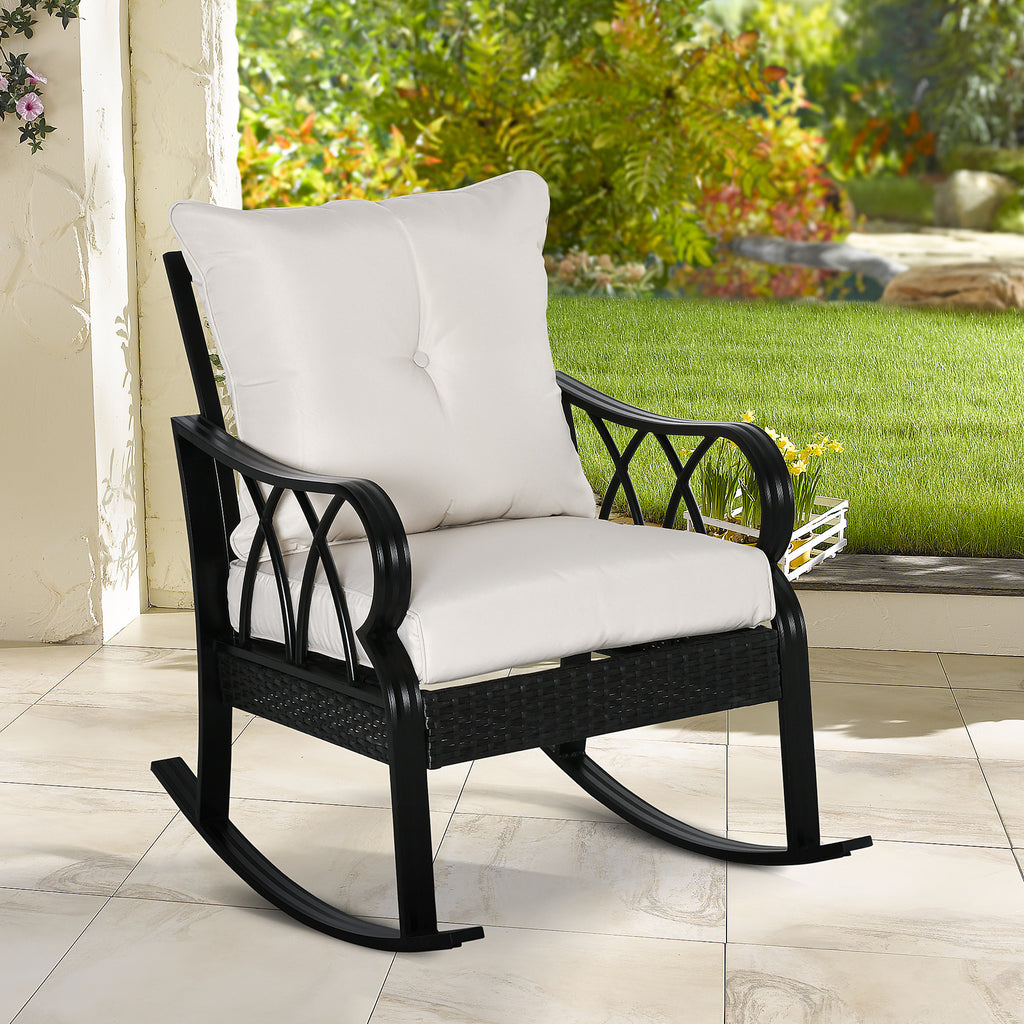 Outdoor Wicker Rocking Chair with Padded Cushions, Aluminum Furniture Rattan Porch Rocker Chair w/ Armrest for Garden, Patio, and Backyard, Khaki