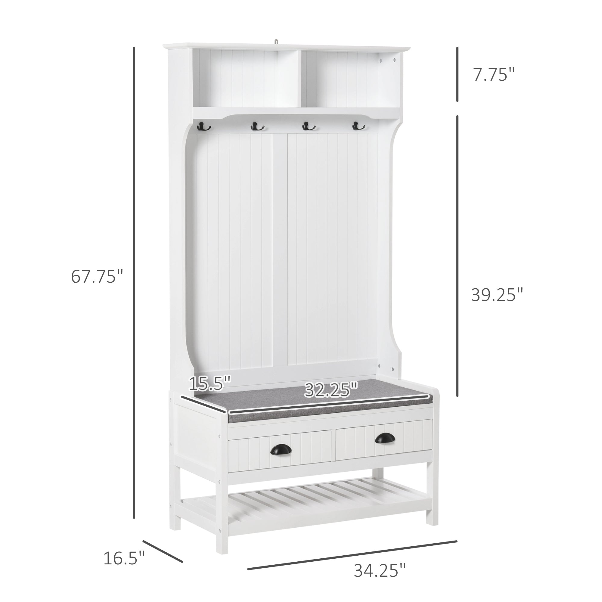 3-in-1 Hall Tree, Entryway Bench with Coat Rack, Mudroom Bench with Shoe Rack, 2 Storage Drawers, 4 Hooks and Padded Seat Cushions for Hallway, White
