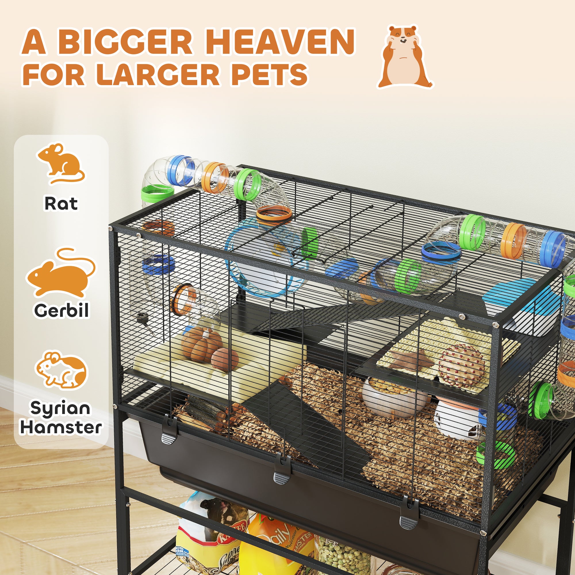 3 Tier Hamster Cage, Rolling Rat Cage with Deep Tray, Storage Shelf, Big Exercise Wheel, Hut, Tube System