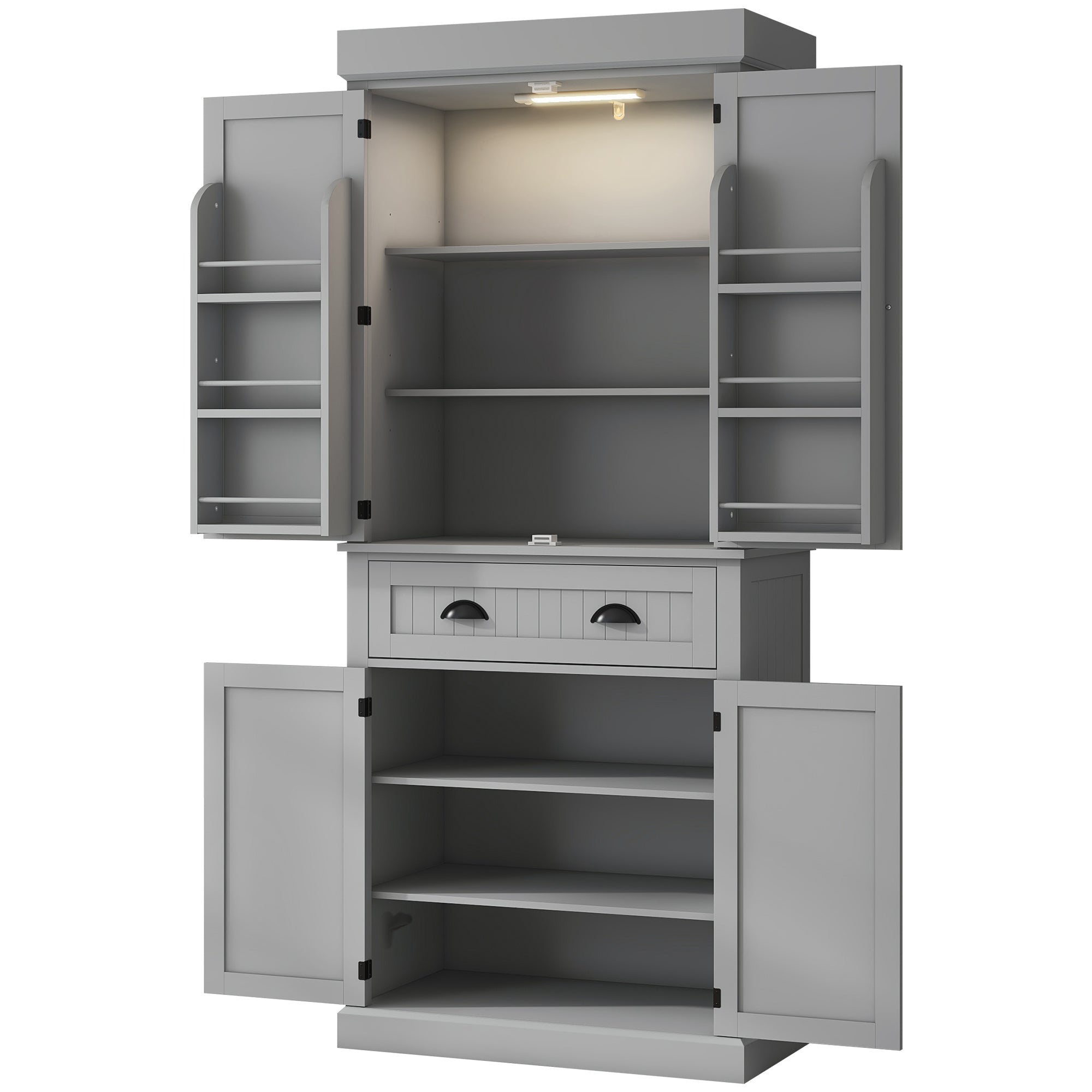 71" Kitchen Pantry Cabinet with LED Lights, 6 Door Shelves, a Drawer and 4 Adjustable Shelves, Gray