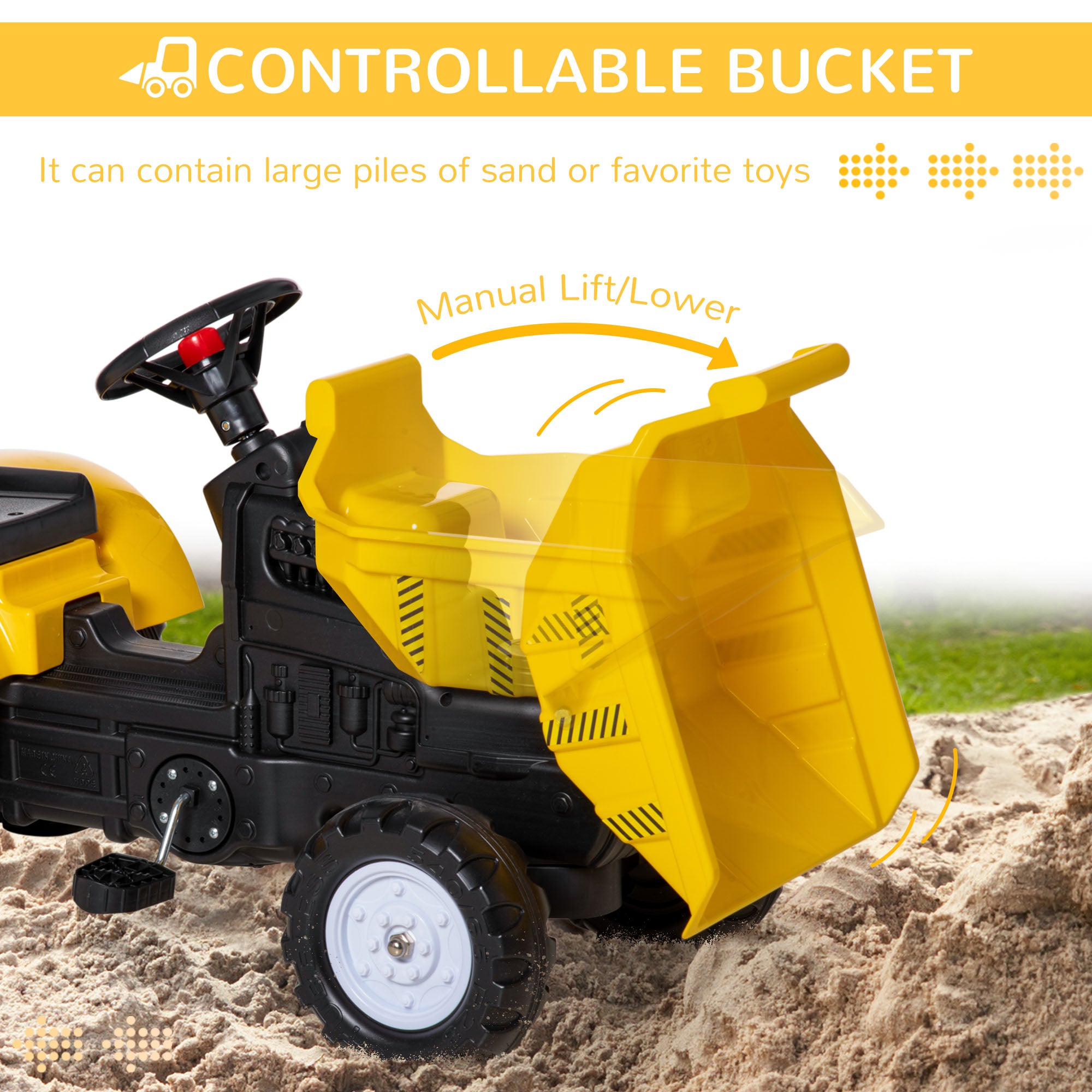 Kids No Power Ride-On Excavator with Manual Control Bucket, Yellow
