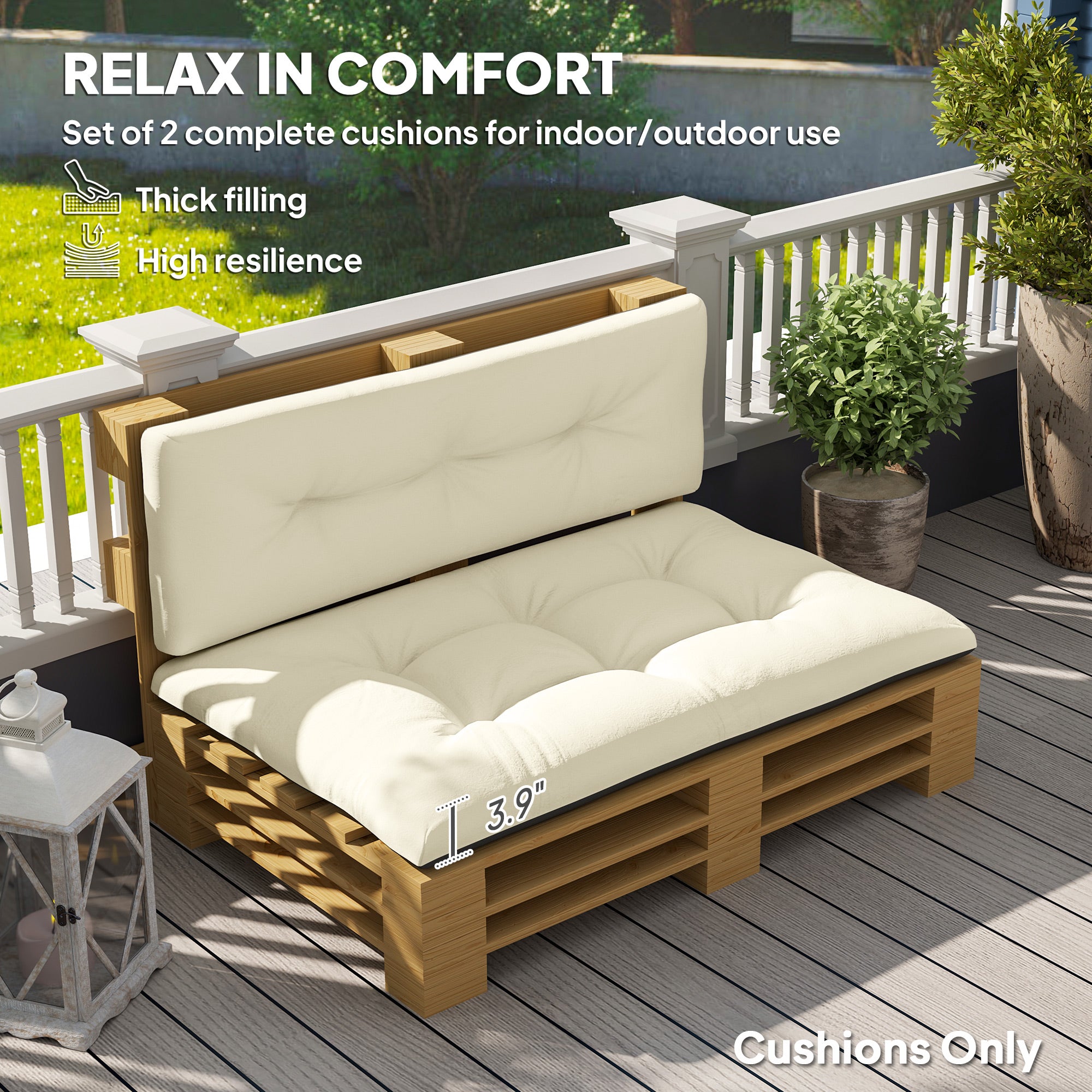 2 Seater Pallet Cushions Outdoor 3.9" Thick Replacement Cushions - Tufted Design for Garden, Patio, Cream White