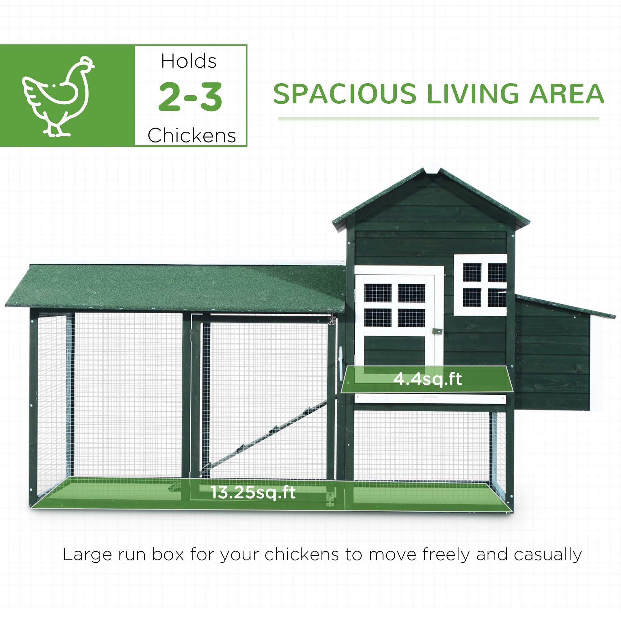 84" Wooden Chicken Coop, Hen House Outdoor with Run Nesting Box, Asphalt Roof, Removable Tray, Ramp, Poultry Cage for 2-3 Chickens, Green