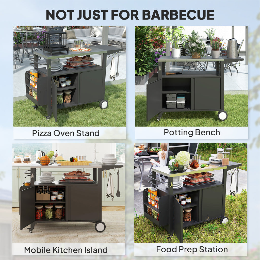 Outdoor Grill Cart Table with Stainless Steel Top, Movable Pizza Oven Table with Foldable Side Table, Wheels