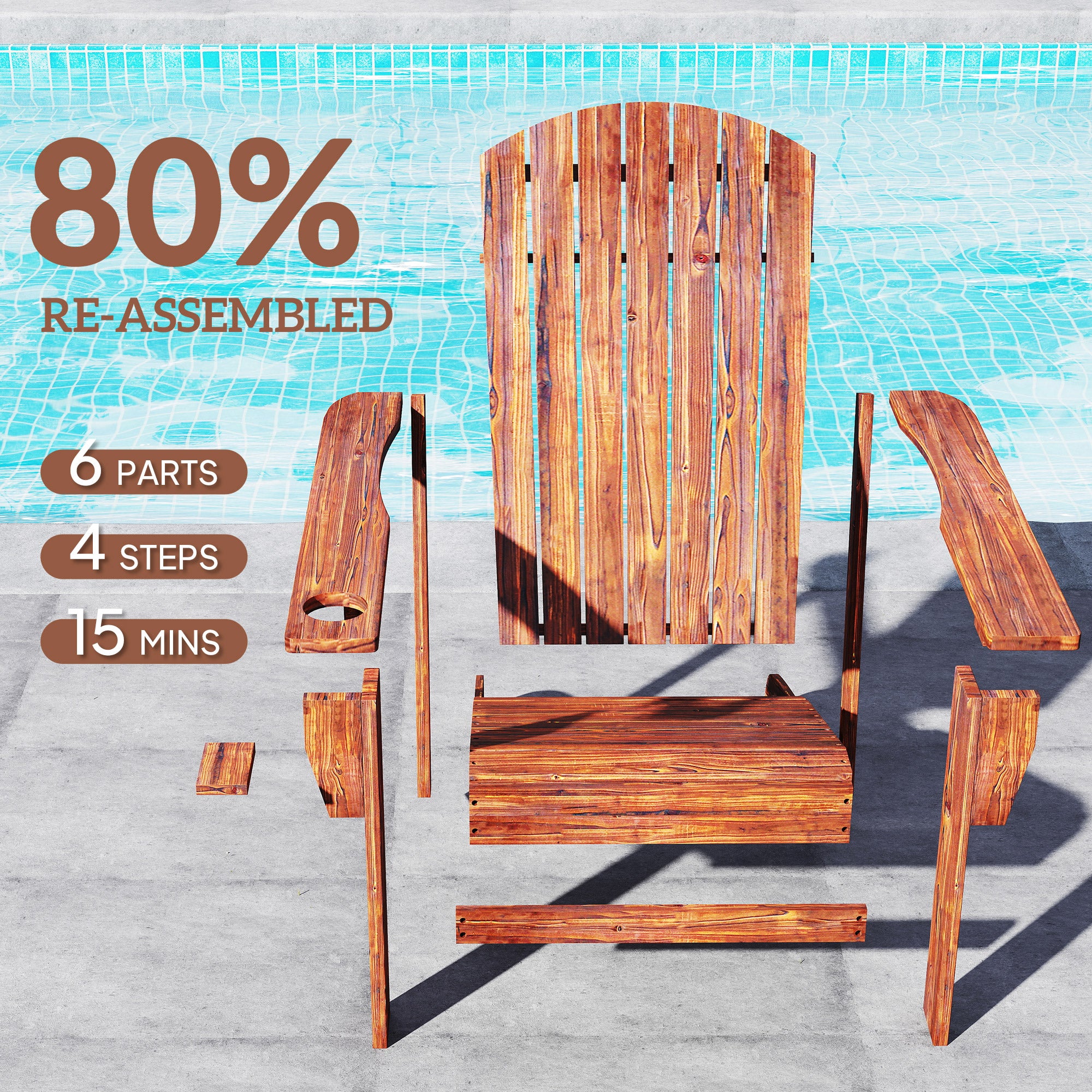 Oversized Adirondack Chair, Outdoor Fire Pit and Porch Seating, Classic Log Lounge w/ Built-in Cupholder, Brown