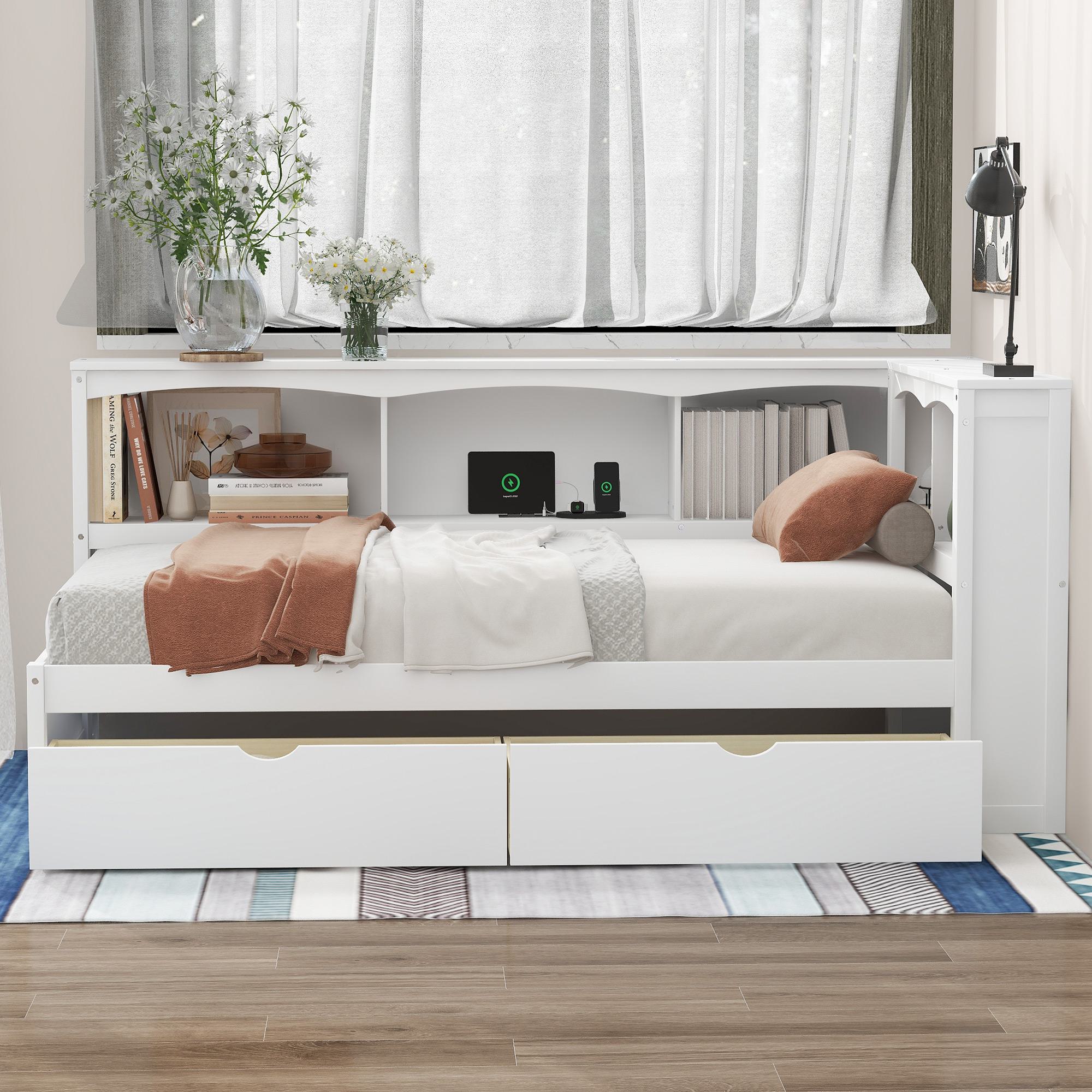 Twin Size Daybed with 2 Storage Drawers, Storage Cabinets, USB Ports, Solid Wood and MDF, 86" L x 51" W x 37.5" H, White