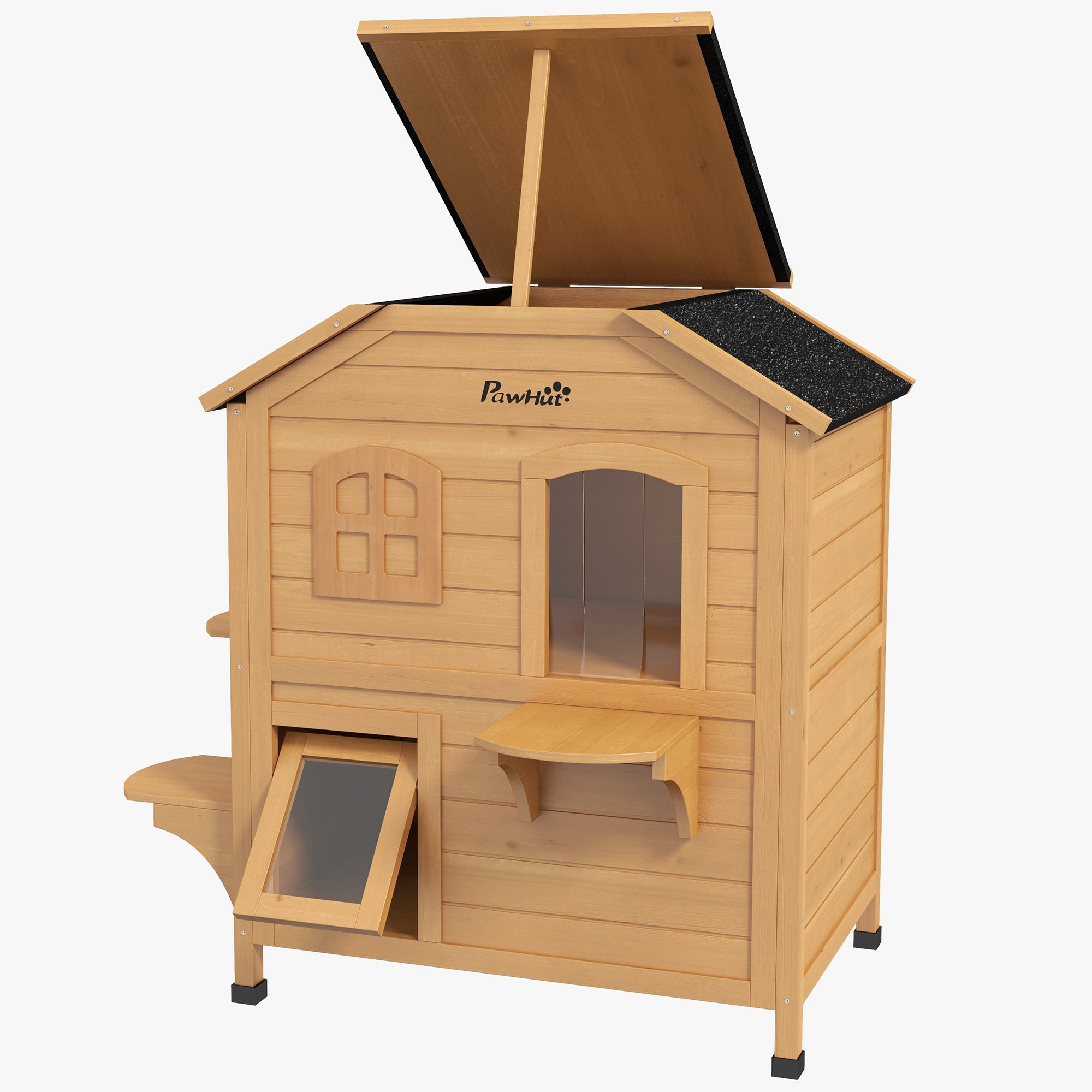 2-story Cat House Outdoor, Weatherproof Wooden Cat Enclosure for Feral Cats with Escape Door, Openable Roof, Jumping Platforms, Natural