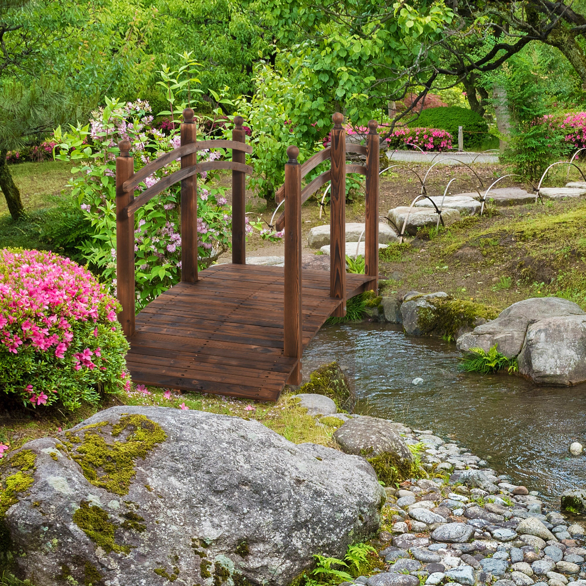 7.5' Fir Wood Garden Bridge Arc Walkway with Side Railings, Perfect for Backyards, Gardens, & Streams, Carbonized
