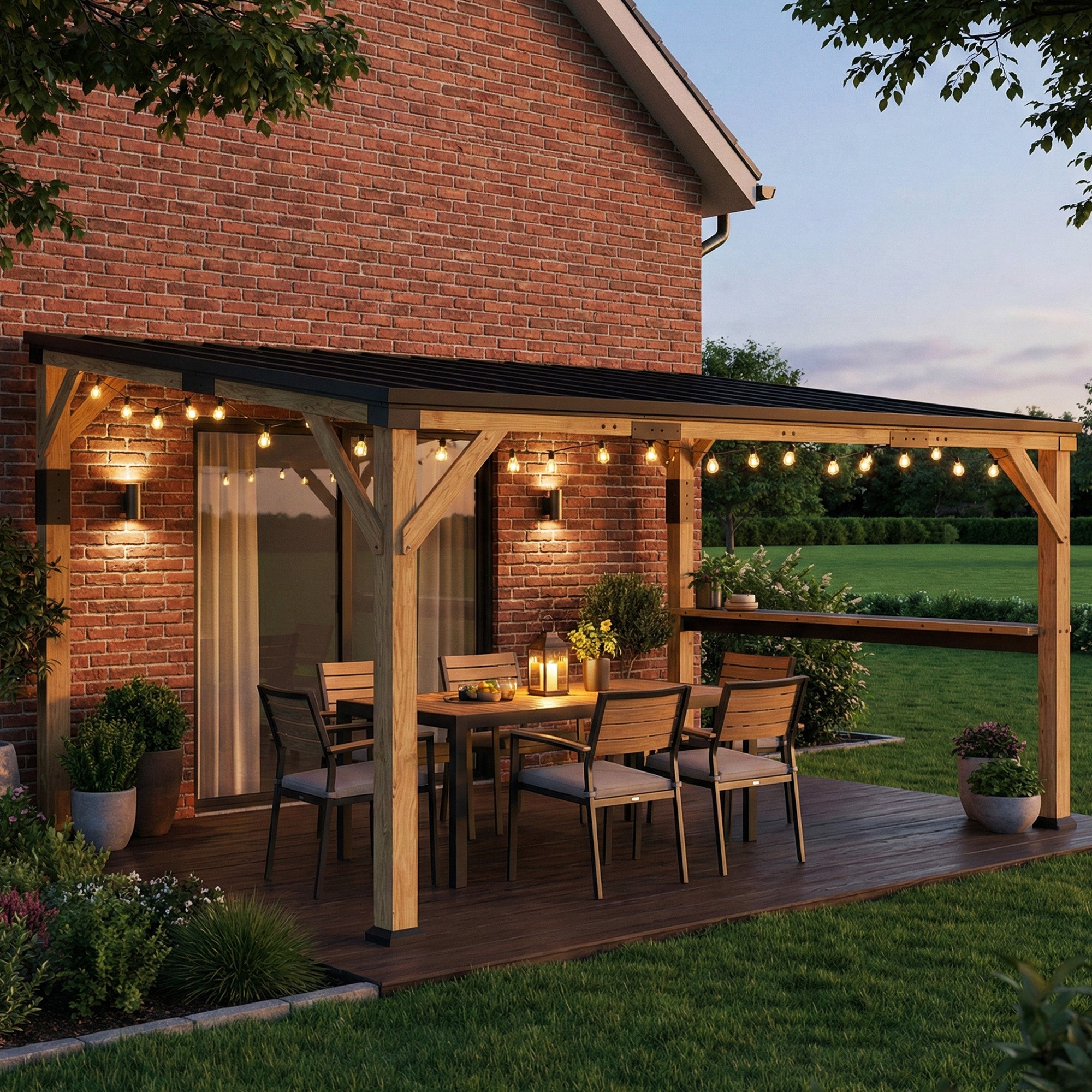 10' x 14' Wooden Gazebo, Hardtop Lean-to Gazebo Pergola with Galvanized Steel Sloped Roof, Bar Shelf, Natural Wood