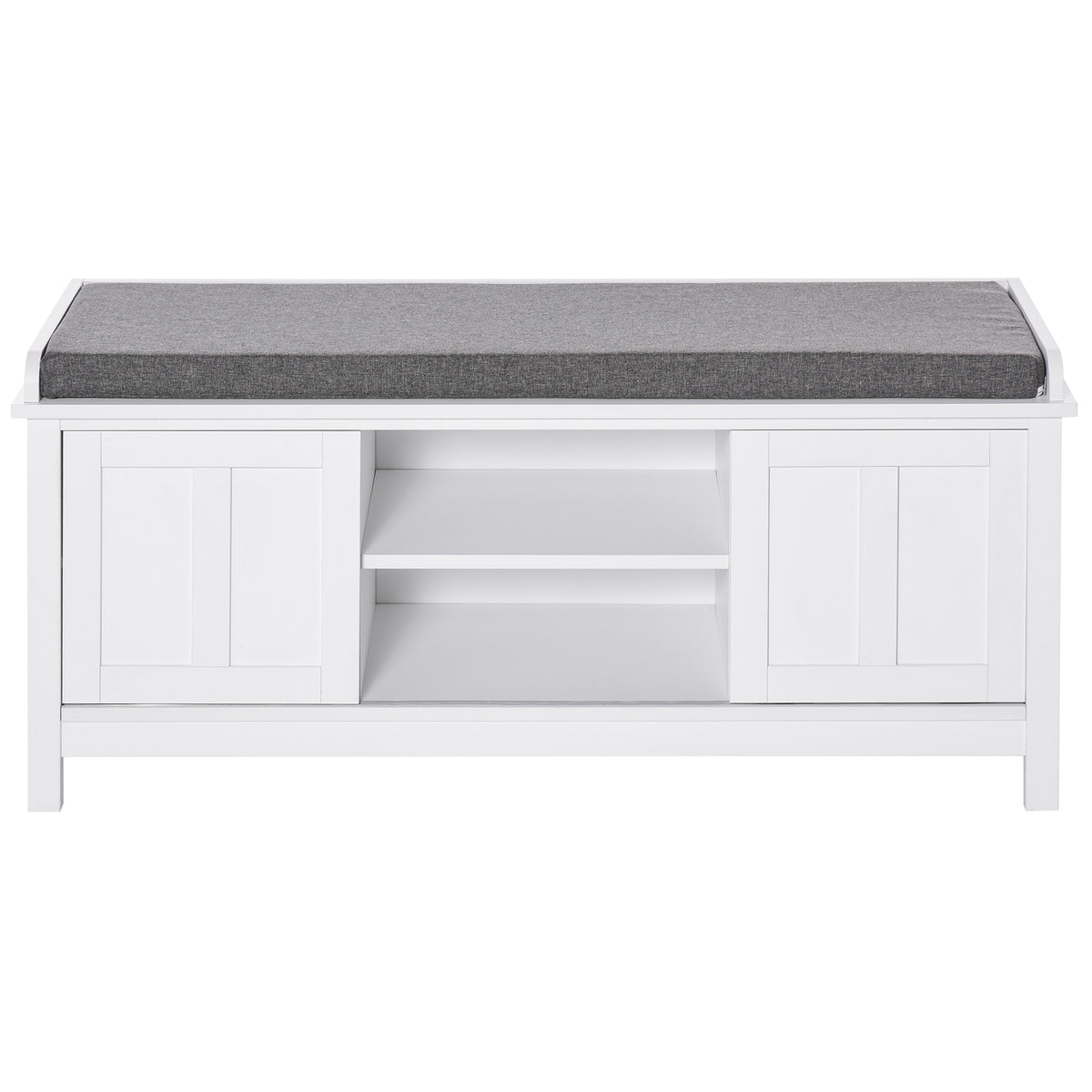Entryway Shoe Bench Storage Ottoman with Sliding Doors, Adjustable Shelving, 6 Compartments, and Padded Seat, Holds 10 Pairs, White