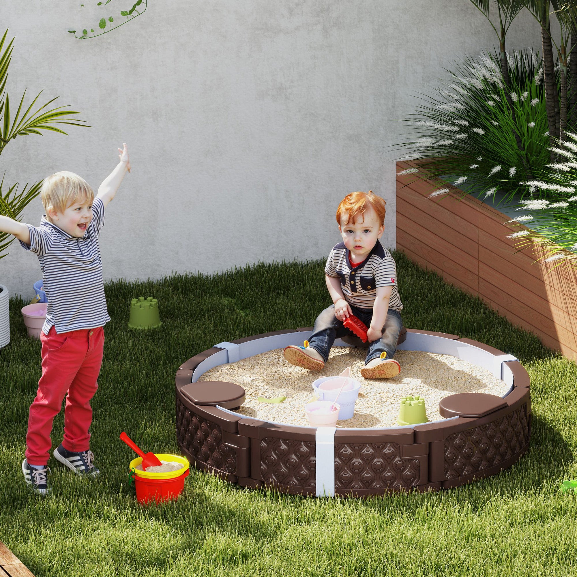 47" Round Kids Sandbox with Cover, 3 Seats, Waterproof Bottom Liner, for Backyard, Lawn, Garden, Beach, Patio, Brown