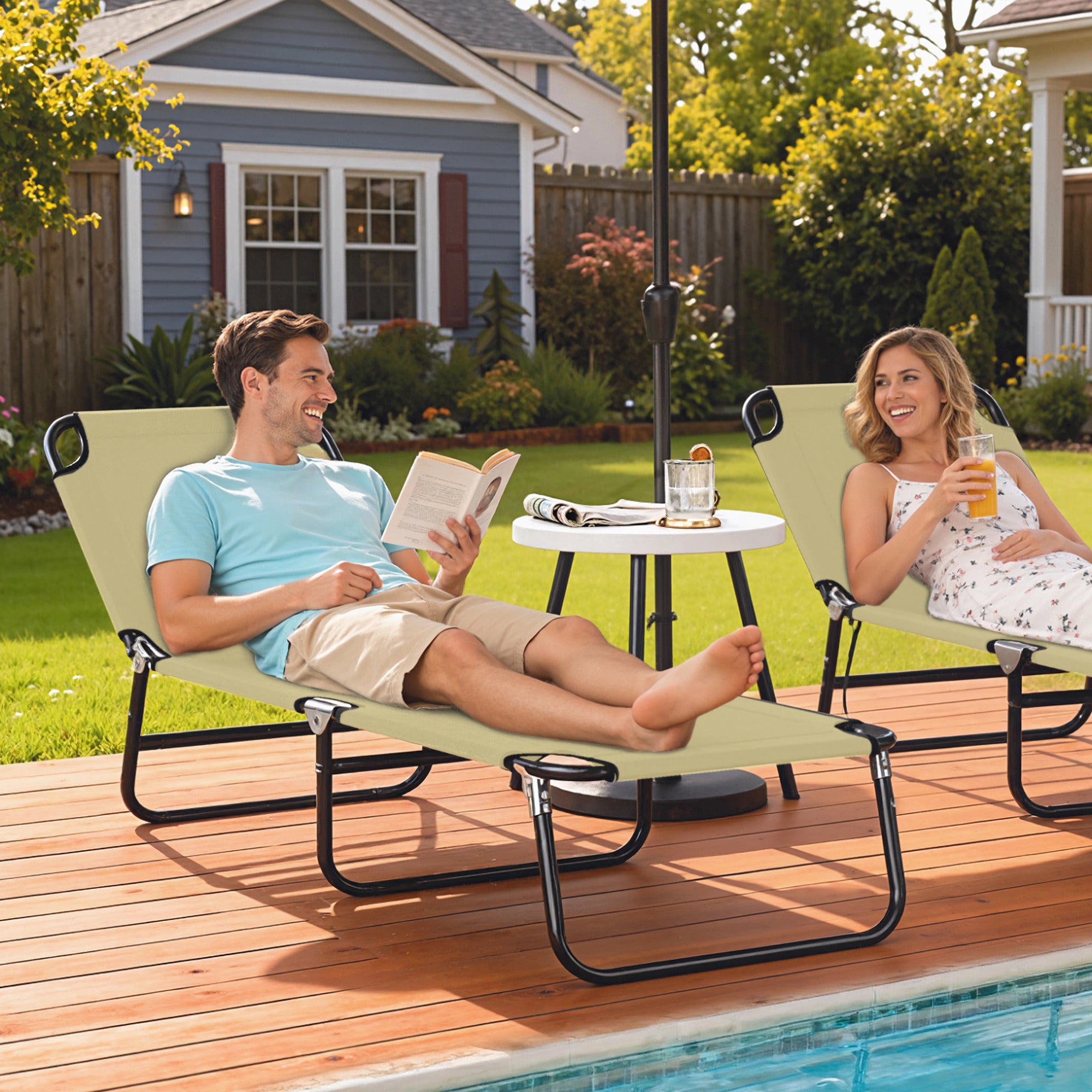 Folding Chaise Lounge Pool Chairs, Outdoor Sun Tanning Chairs with 5-Level Reclining Back, Steel Frame for Beach, Yard, Patio, Beige