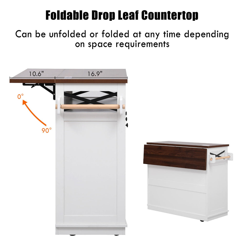 Farmhouse Kitchen Island Cart with Beaded Drape, Power Outlet, Drop Leaf, Rolling Wheels, 3 Doors, 3 Drawers, Adjustable Shelves, White